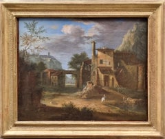 Painting Italian Classical Landscape 18th ruin forteress Signed