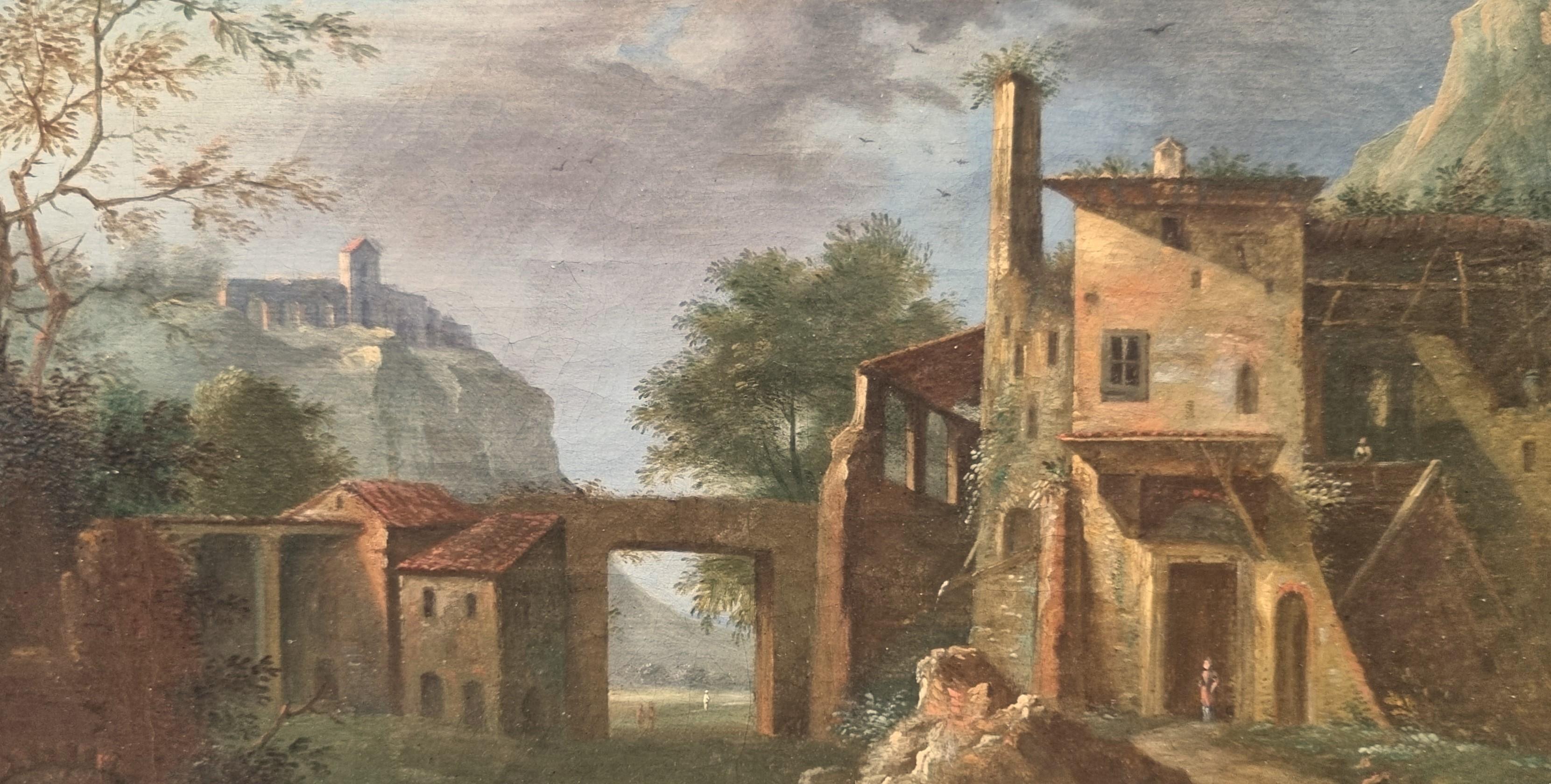 Pintura Paisaje clásico italiano 18ª ruina forteress Firmado - Landscape Painting Marrón de Unknown