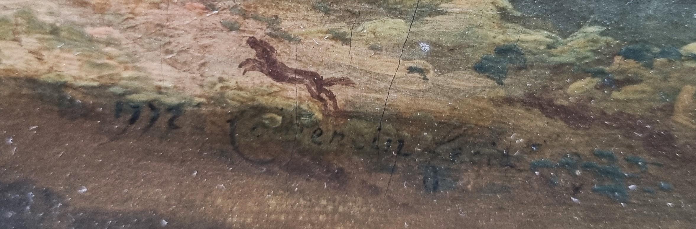 Pintura Paisaje clásico italiano 18ª ruina forteress Firmado en venta 1