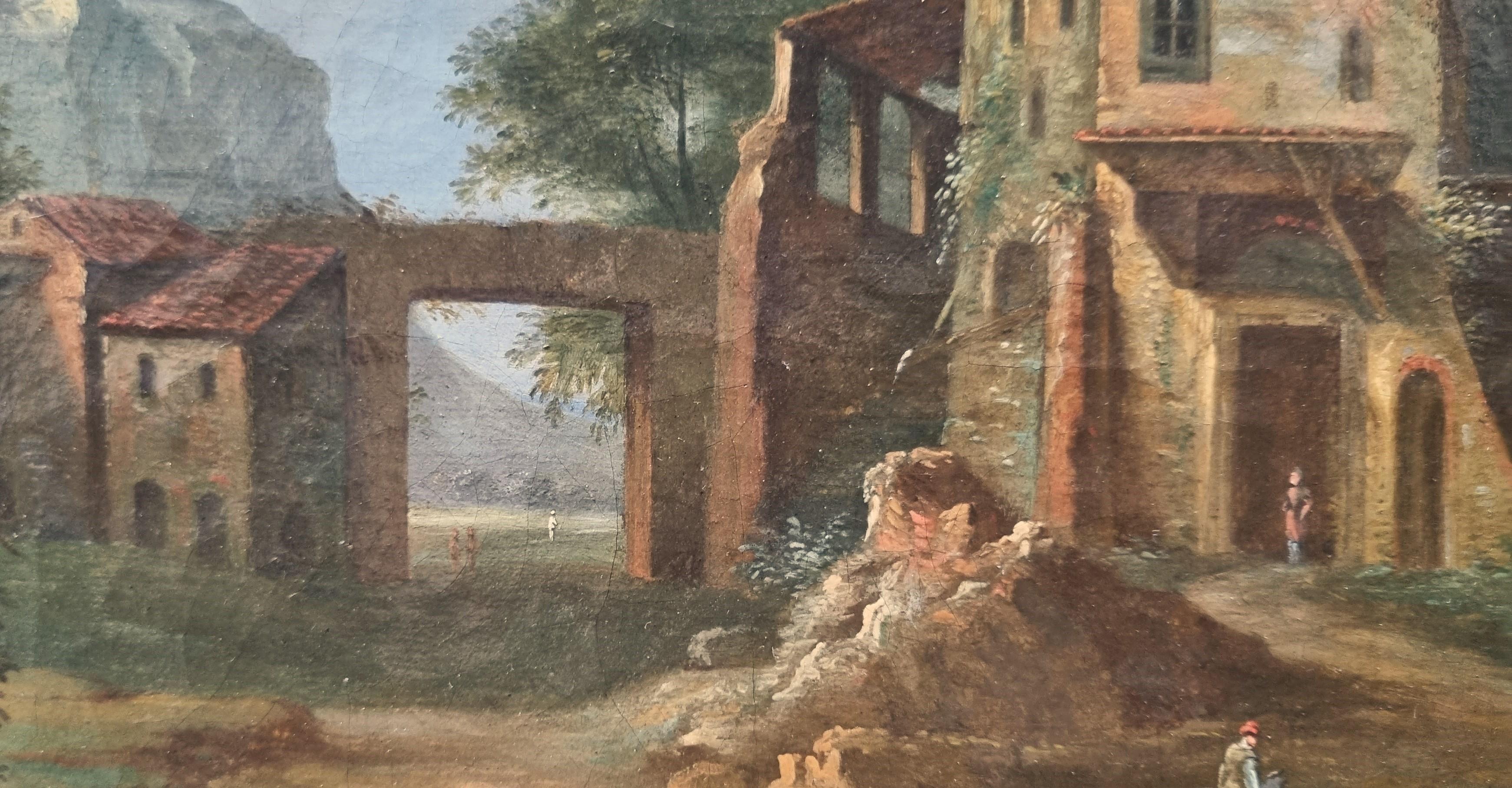Pintura Paisaje clásico italiano 18ª ruina forteress Firmado en venta 2