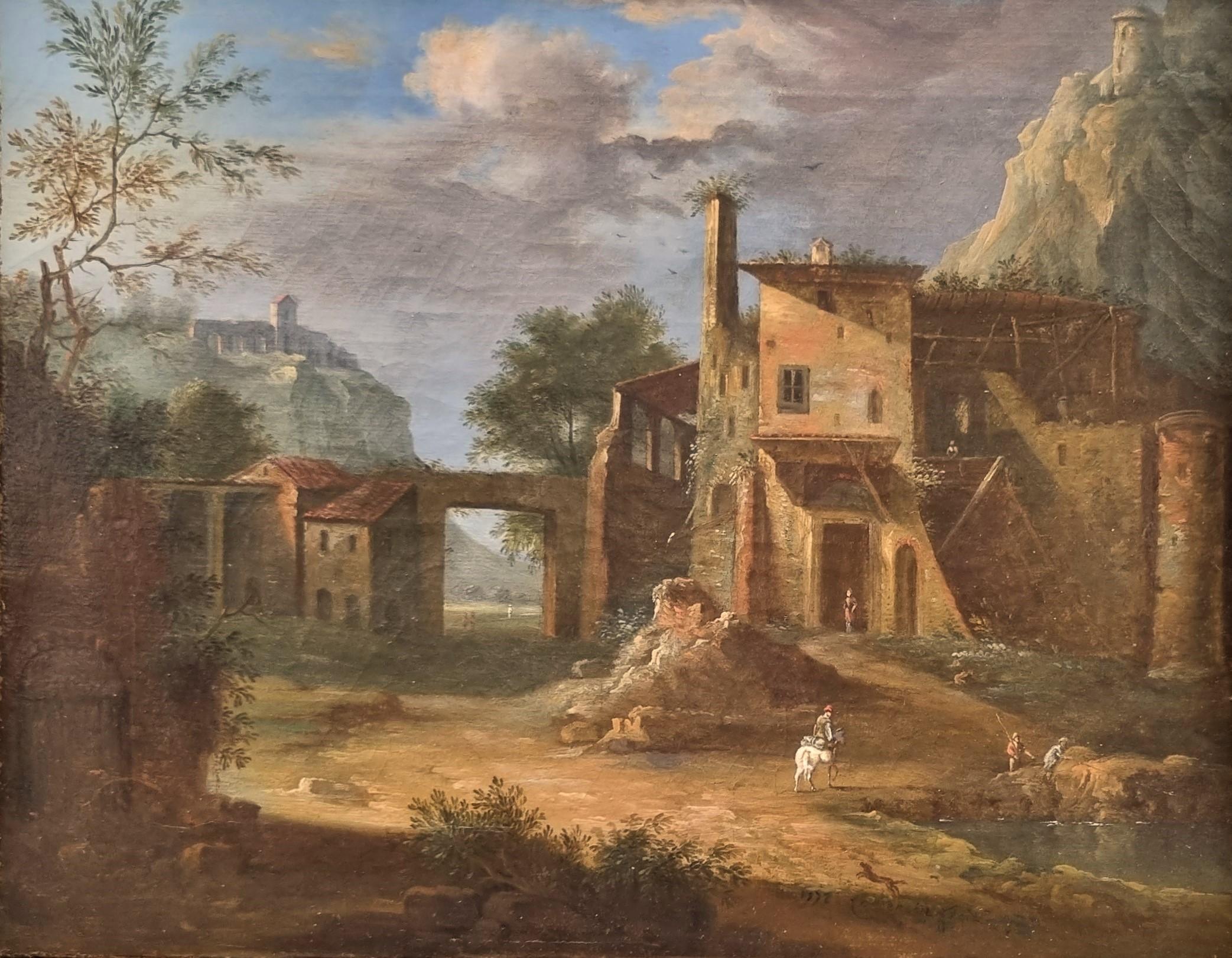 Landscape Painting de Unknown - Pintura Paisaje clásico italiano 18ª ruina forteress Firmado
