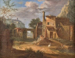 Painting Italian Classical Landscape 18th ruin forteress Signed