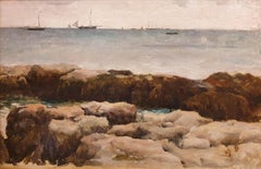 Pintura Marina Playa Normandía Barcos Rocas Francés XIX