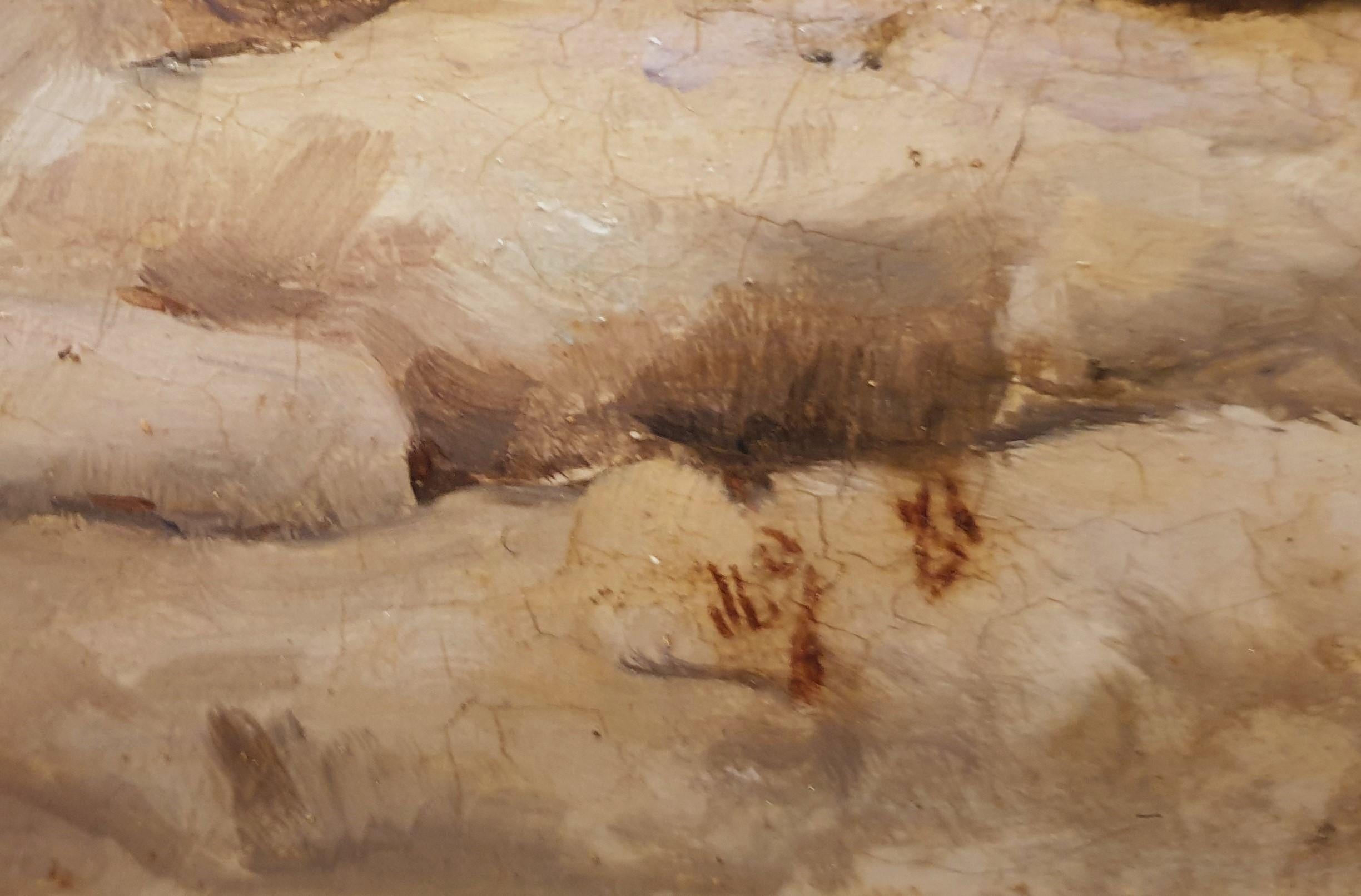Pintura Marina Playa Normandía Barcos Rocas Francés XIX - Painting Naturalista de Unknown