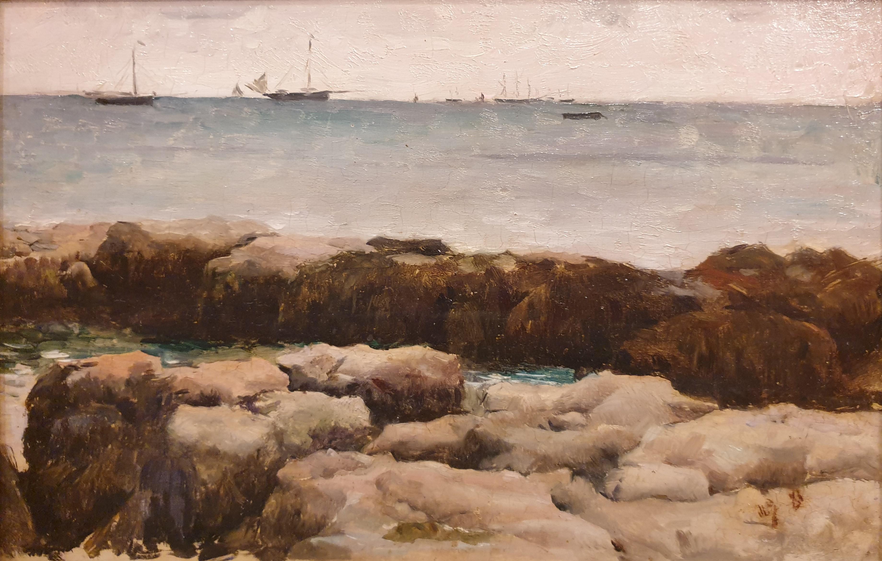 Pintura Marina Playa Normandía Barcos Rocas Francés XIX - Landscape Painting Marrón de Unknown