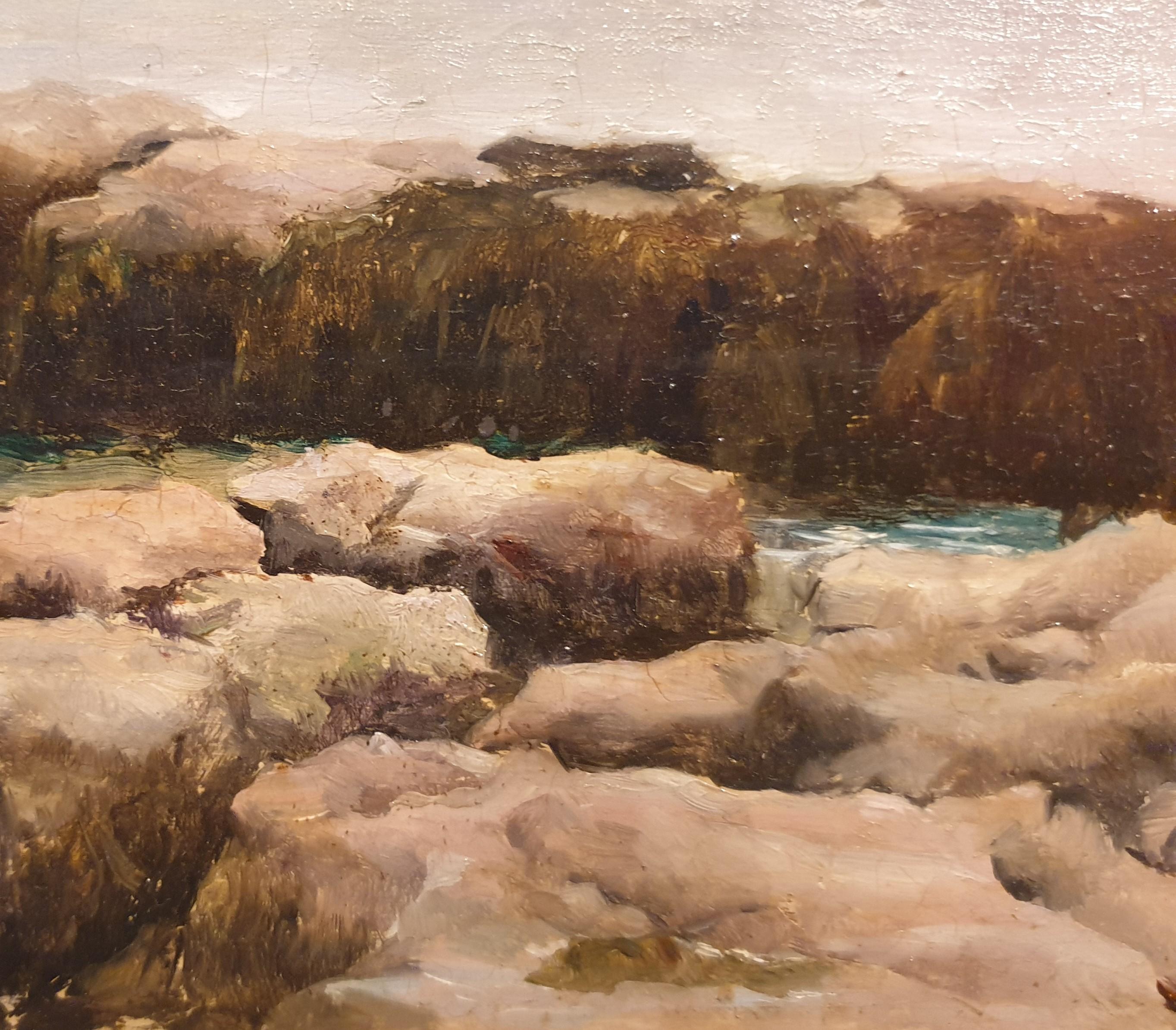 Pintura Marina Playa Normandía Barcos Rocas Francés XIX 1