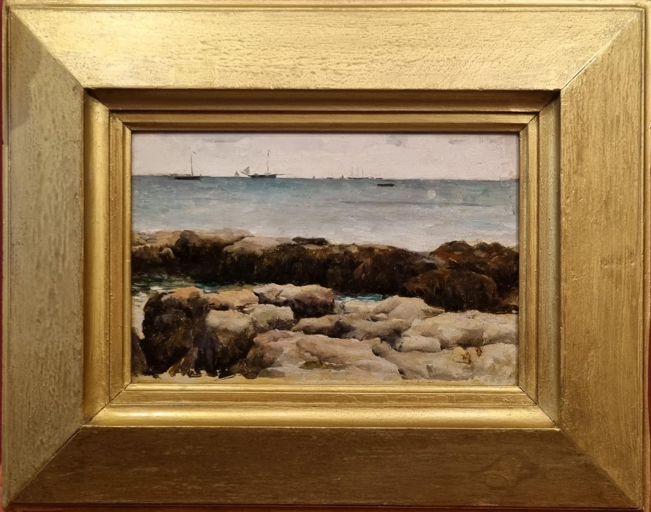 Pintura Marina Playa Normandía Barcos Rocas Francés XIX - Painting de Unknown
