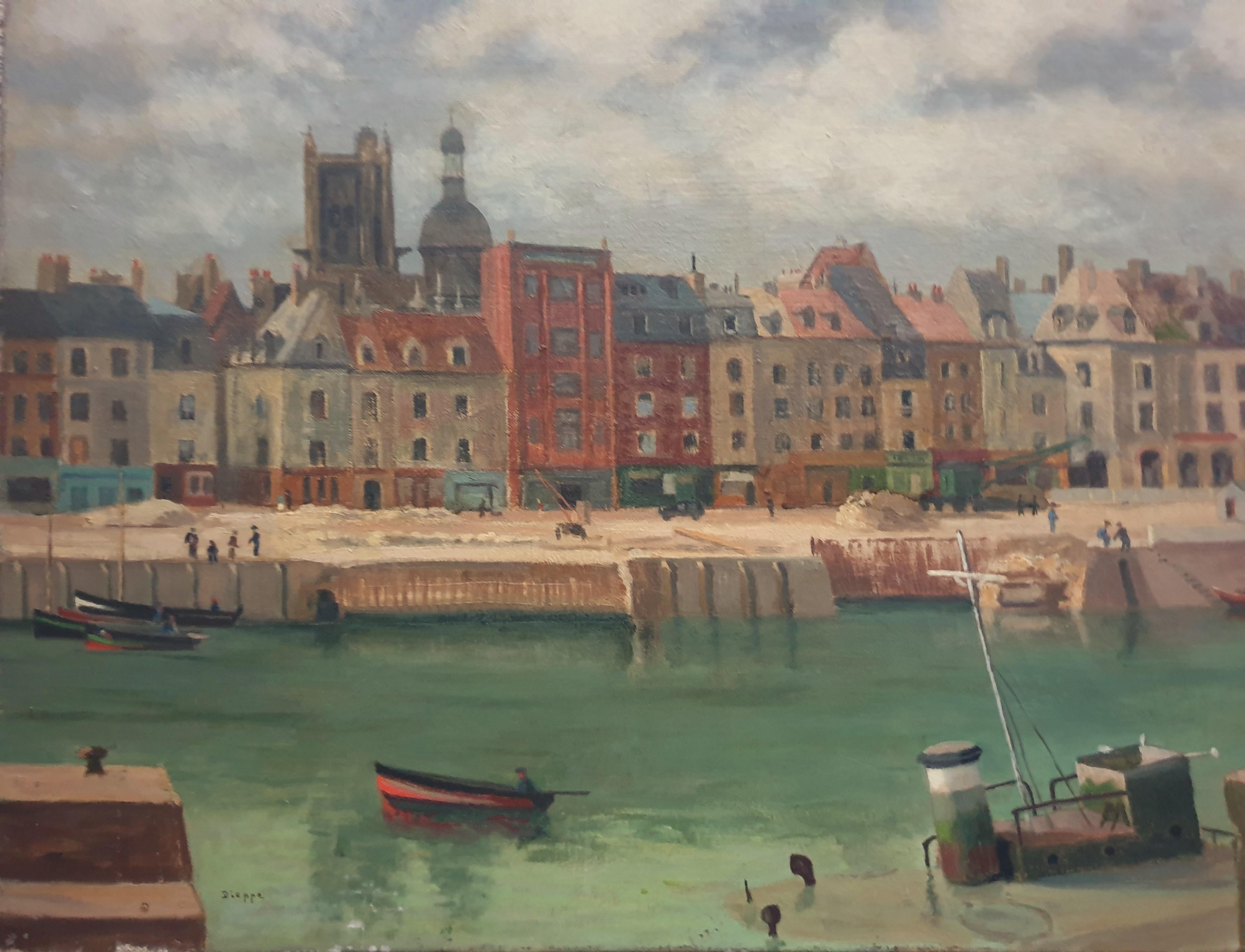 Pintura Normandía Dieppe puerto Arte naïf Francés  xX - Painting Escuela francesa de Unknown