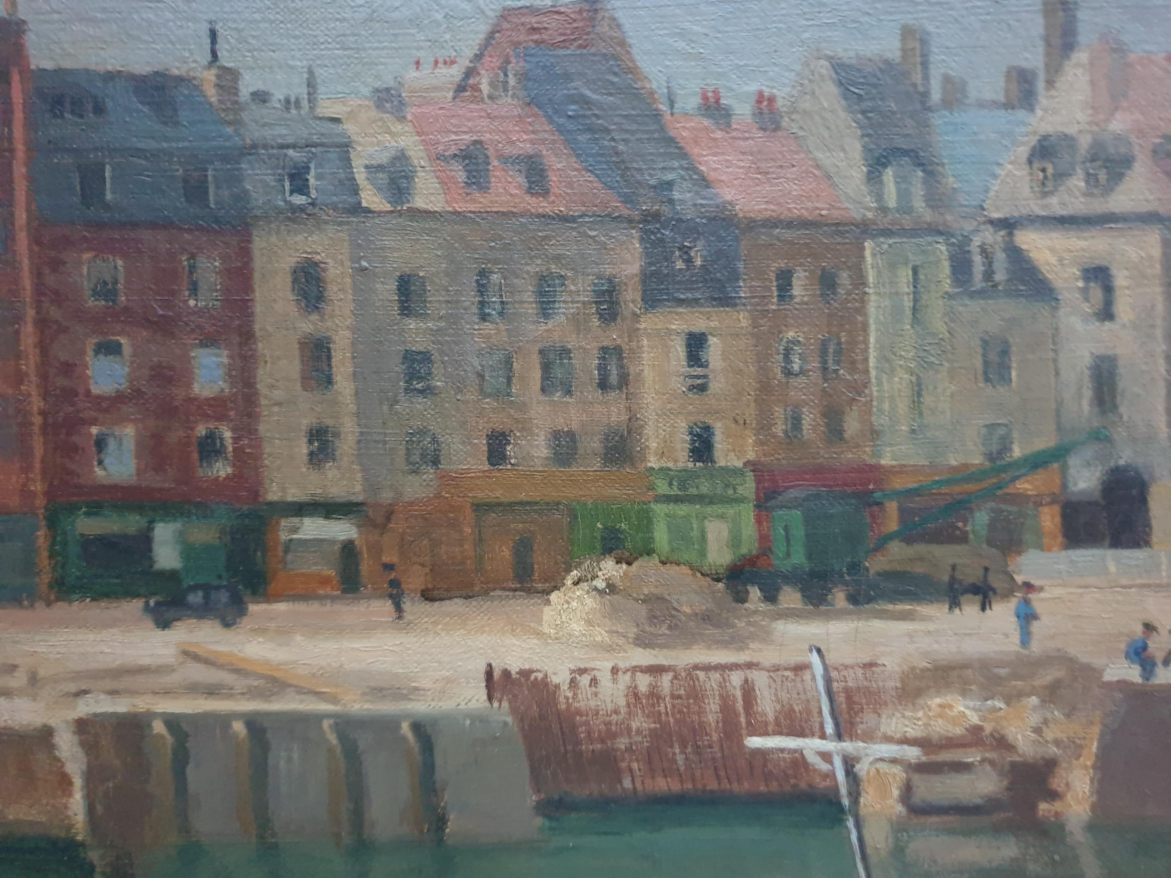 Pintura Normandía Dieppe puerto Arte naïf Francés  xX - Landscape Painting Gris de Unknown
