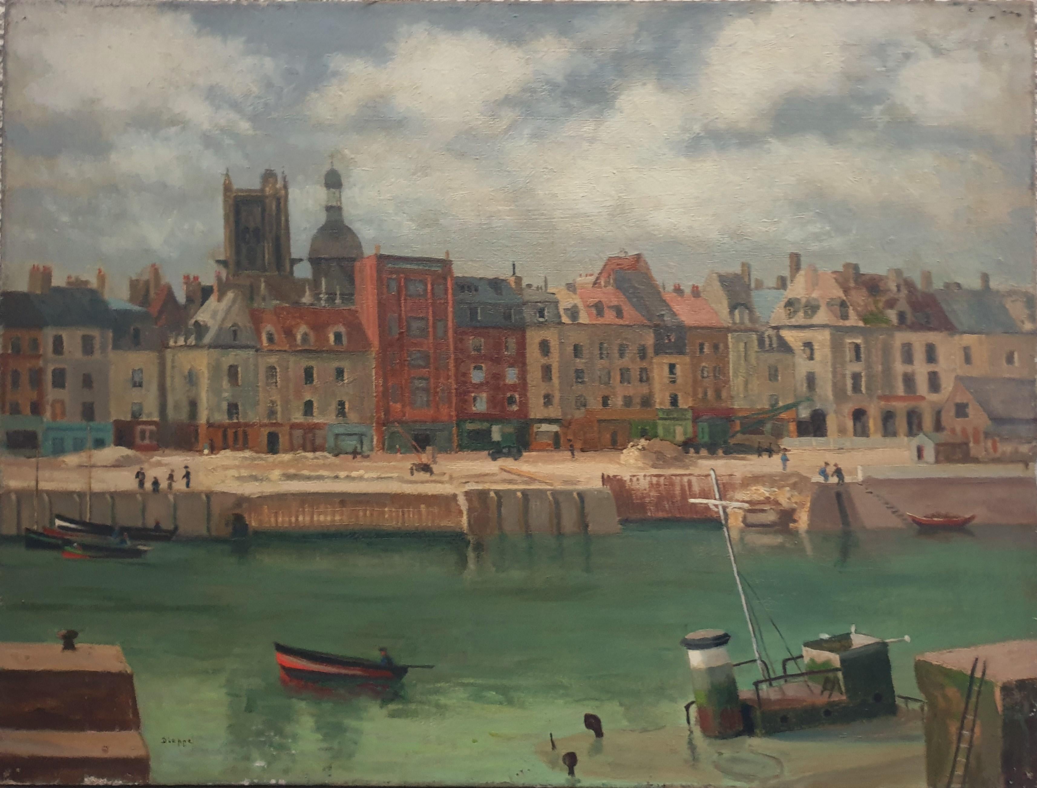 Landscape Painting de Unknown - Pintura Normandía Dieppe puerto Arte naïf Francés  xX