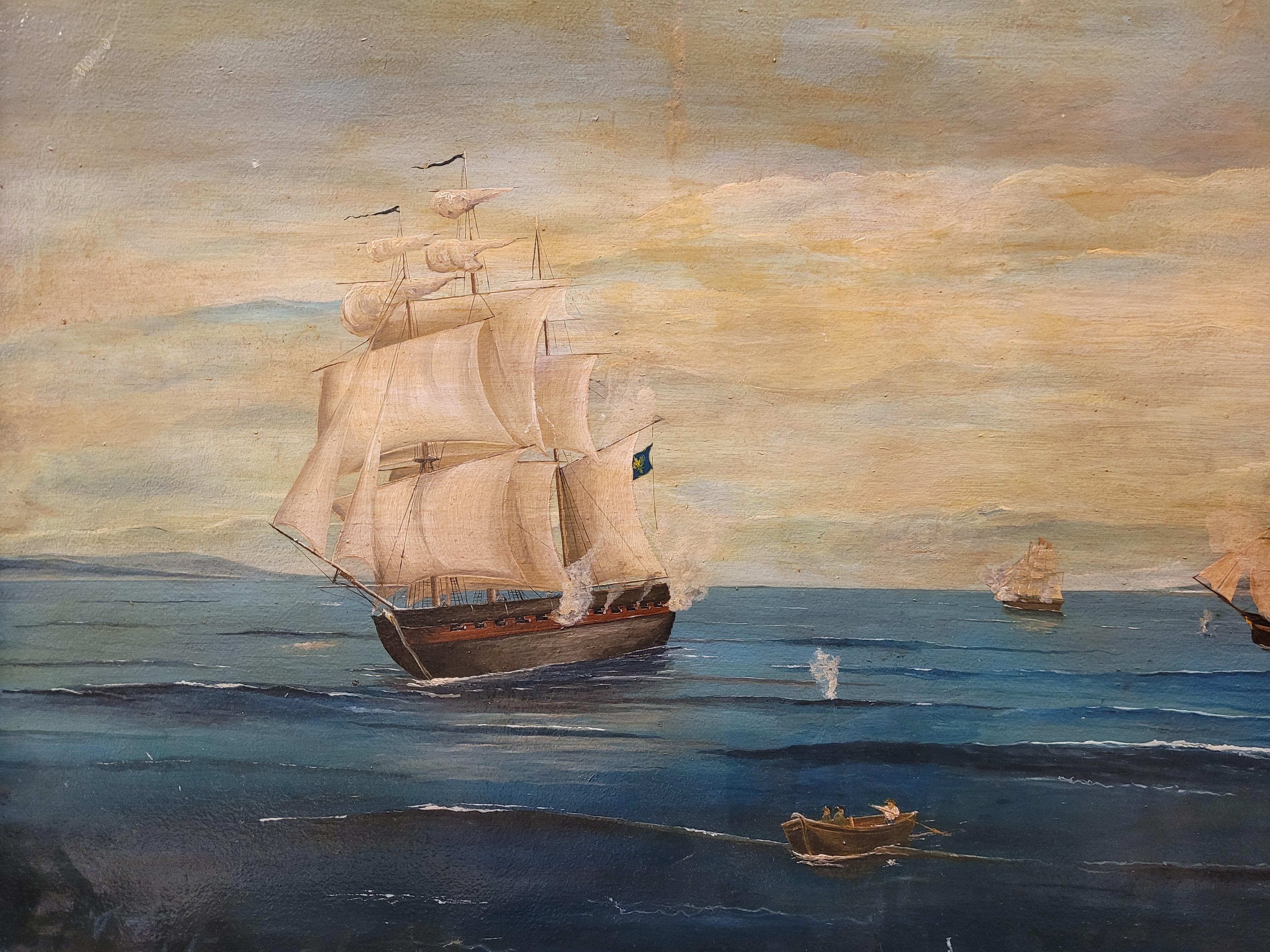 Gemälde von Napoleon III. in der Seeschlacht, Öl auf Tafel Frankreich (Braun), Landscape Painting, von Unknown