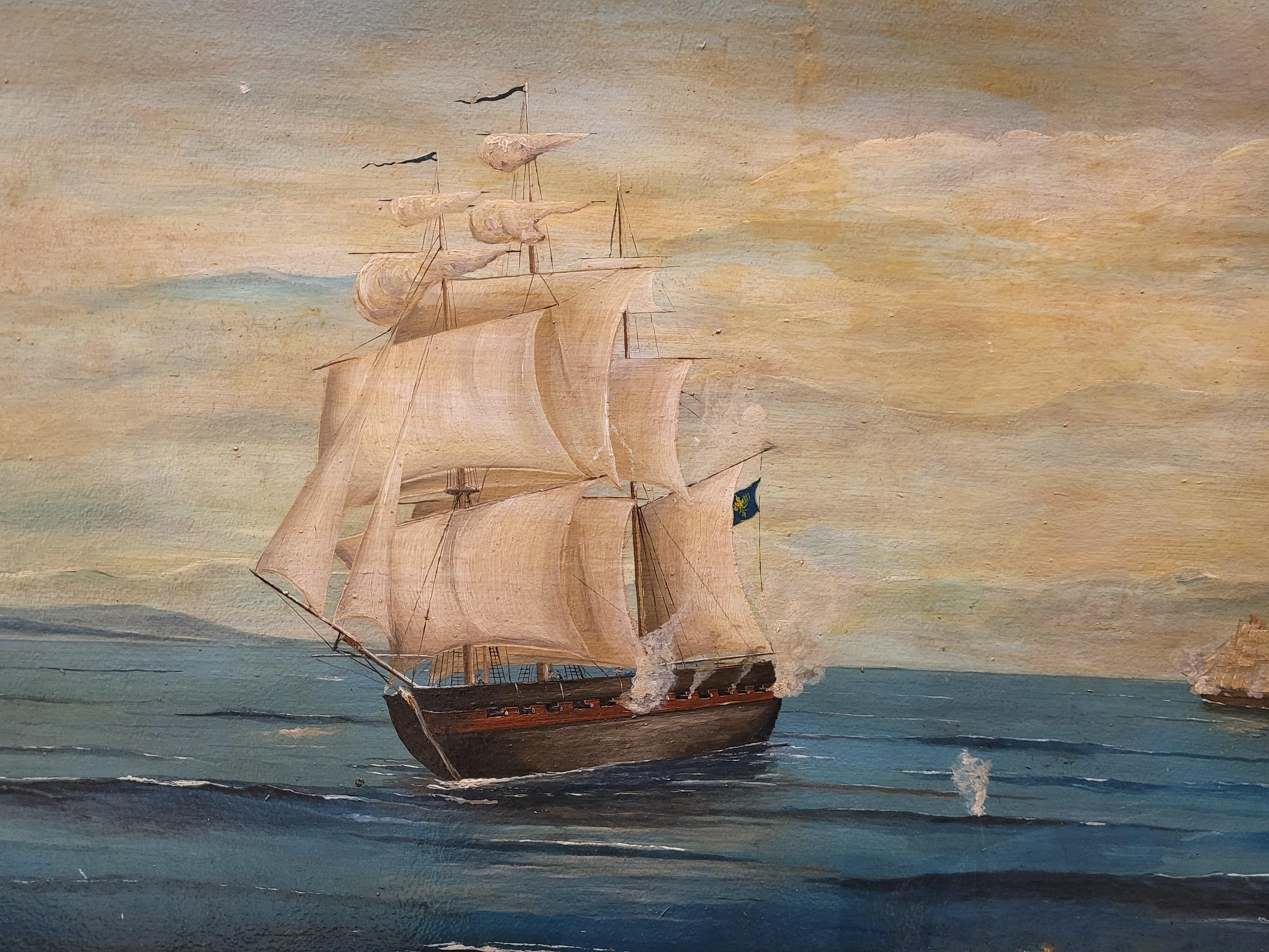 Gemälde von Napoleon III. in der Seeschlacht, Öl auf Tafel Frankreich im Angebot 1