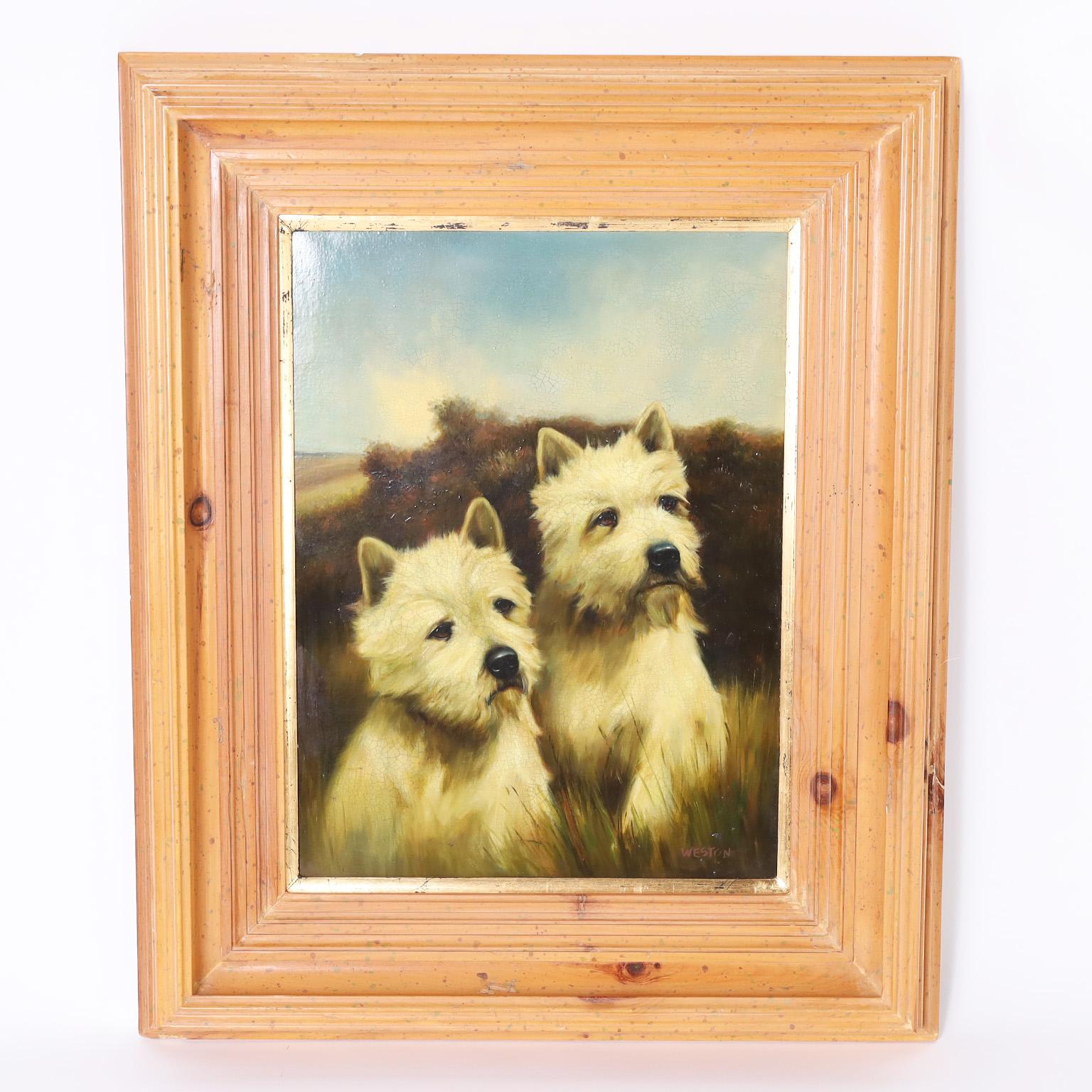 Unknown Animal Painting - Painting of Two Westie Terriers in a Landscape