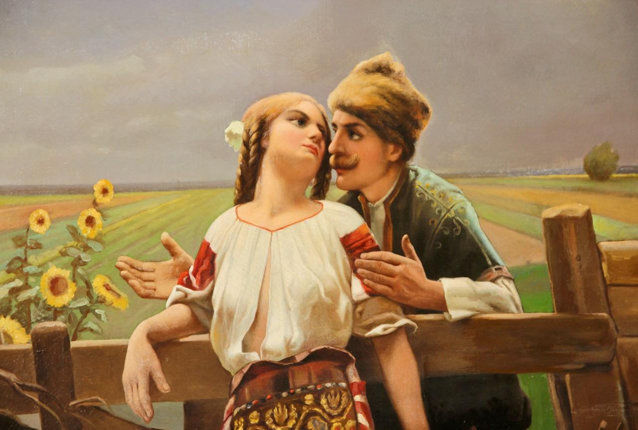 Painting, Oil on Canvas, Romantic Couple on a Meadow. 20th Century. - Brown Figurative Painting by Unknown