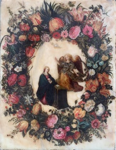 Painting on Alabaster: Floral garland with Annunciation, Flanders, 17th cent