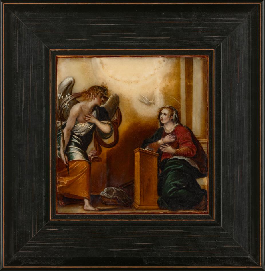 Unknown Figurative Painting - ANTIQUE ITALIAN PAINTING OIL ON ALABASTER DEPICTING  ‘THE ANNUNCIATION’