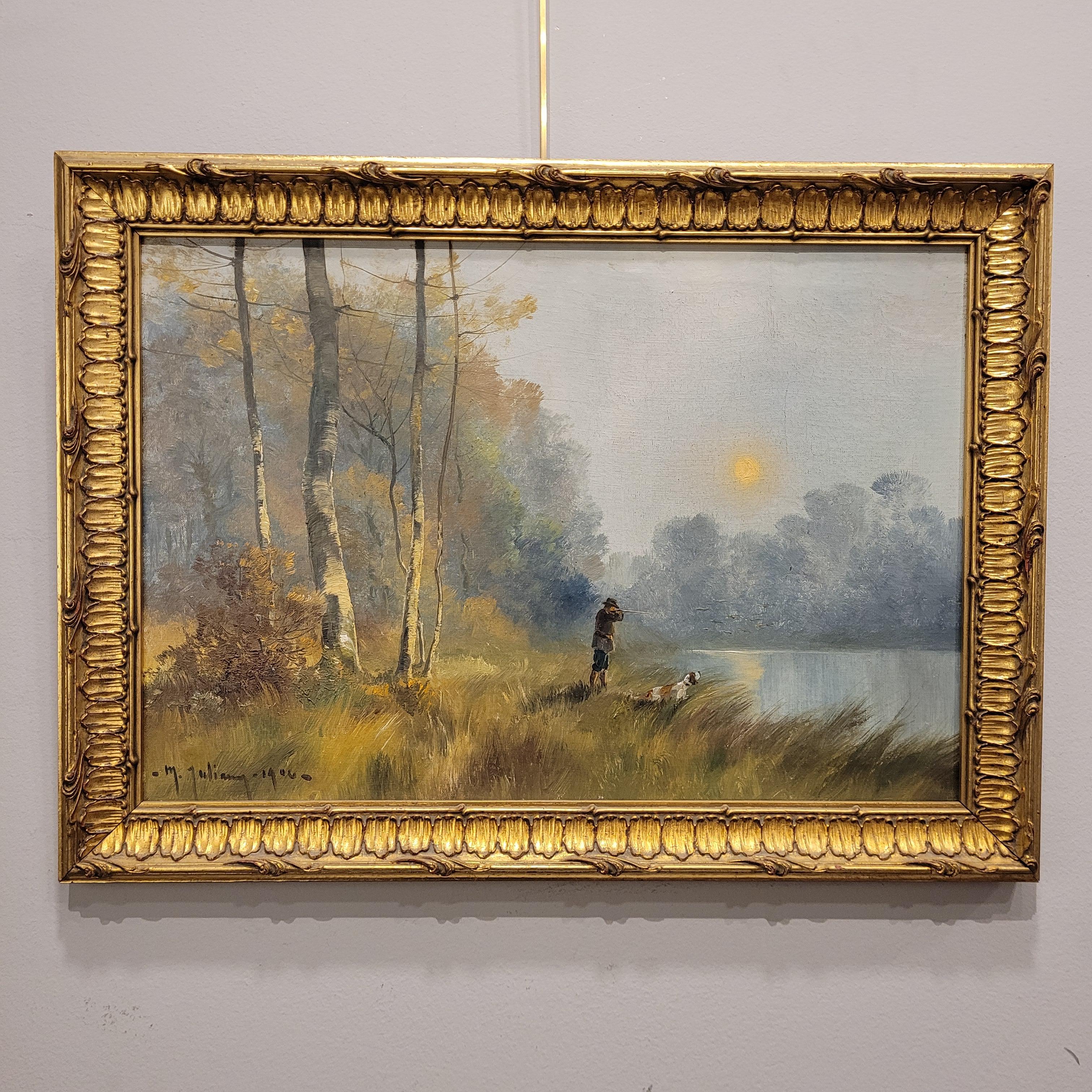 Pittura su tela Hunter by the river at dawn di M. I. Francia - Landscape Painting Marrone di Unknown