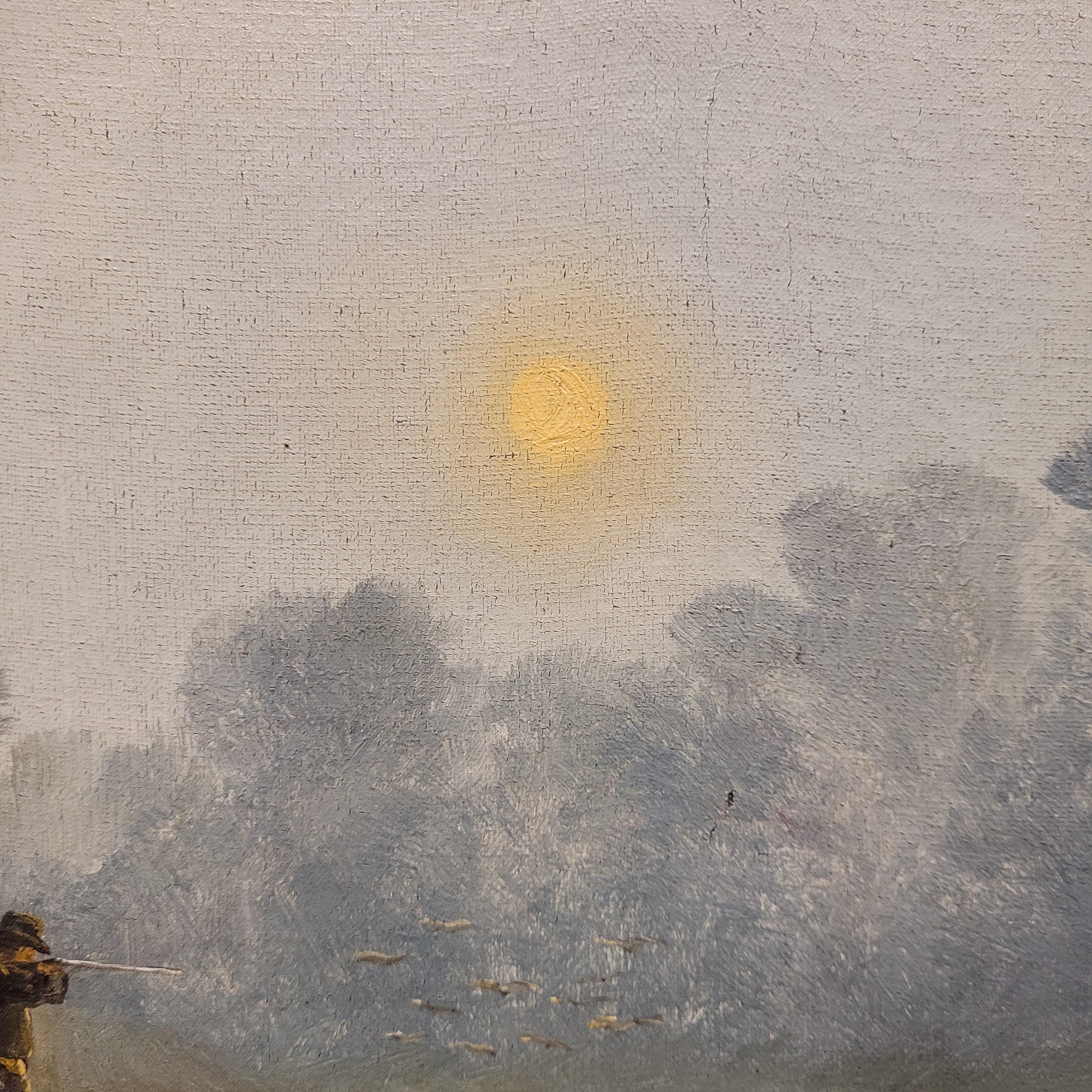 Pittura su tela Hunter by the river at dawn di M. I. Francia in vendita 3