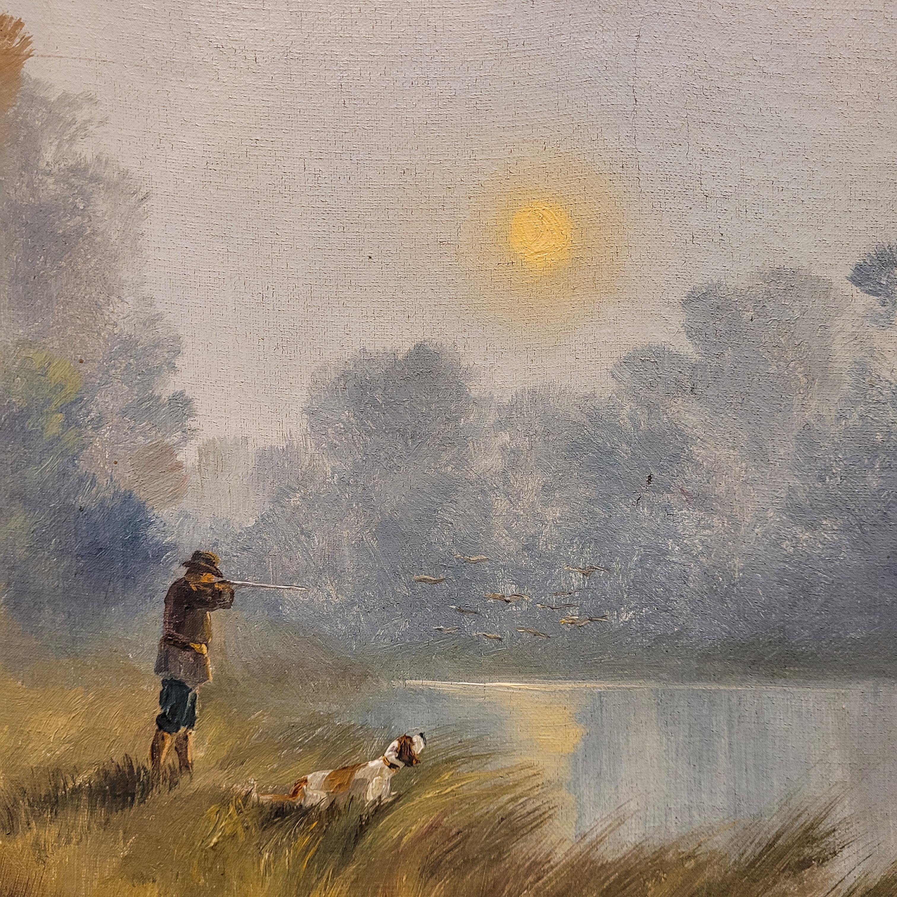 Pittura su tela Hunter by the river at dawn di M. I. Francia in vendita 4
