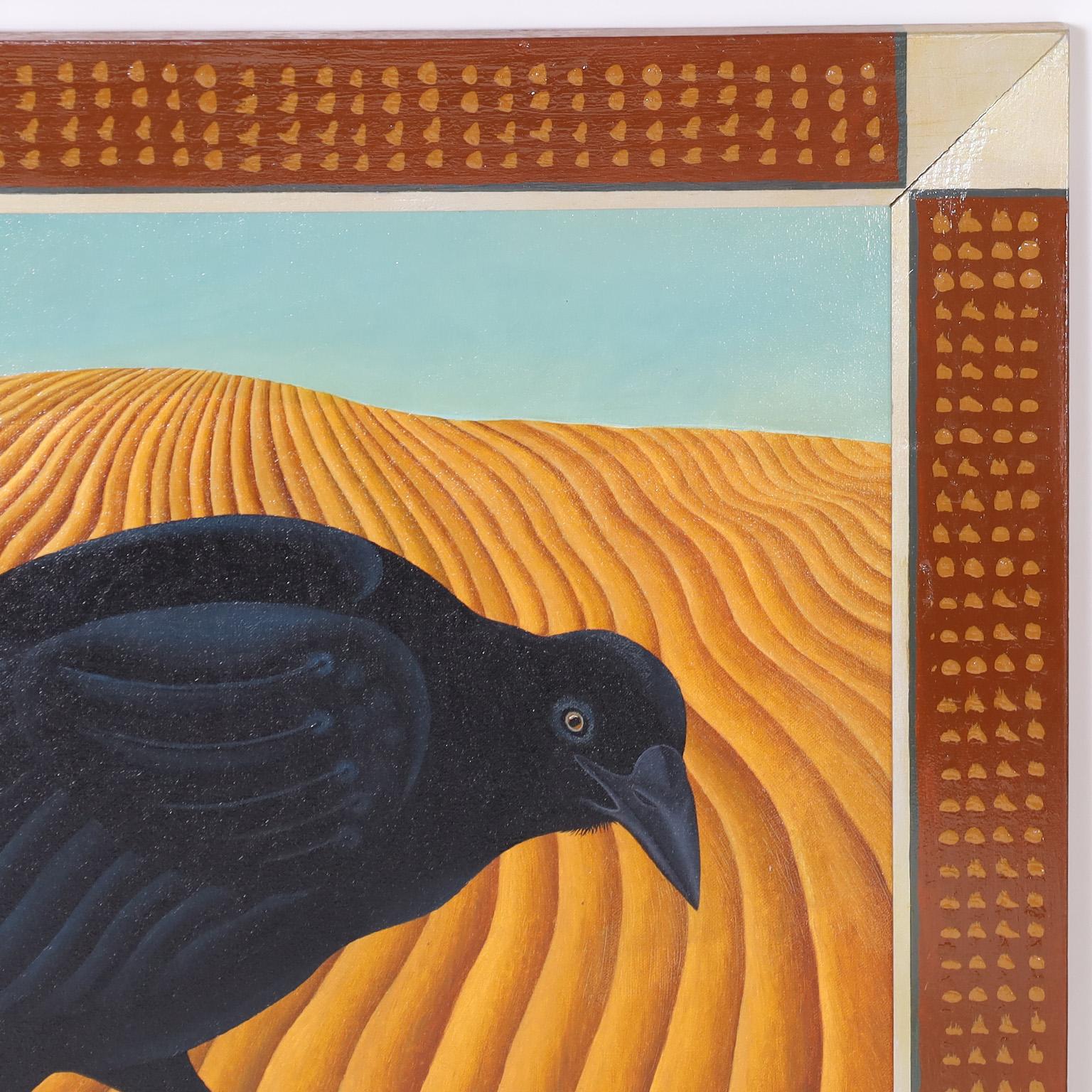 Painting on Canvas of a Crow - Orange Animal Painting by Unknown