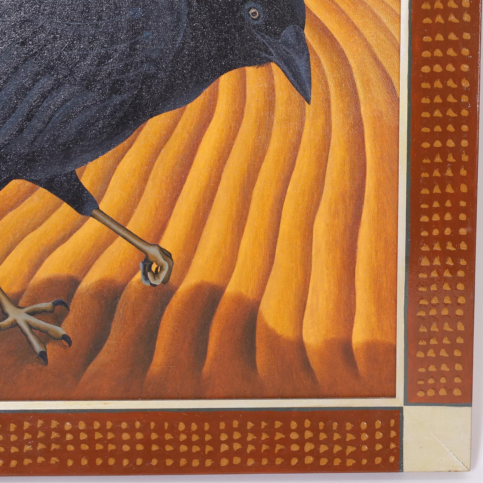 Striking acrylic painting on canvas of a crow with a familiar quizzical expression in a colorful baron landscape. Presented in a paint decorated wood frame and signed on the back Taylor 1990.