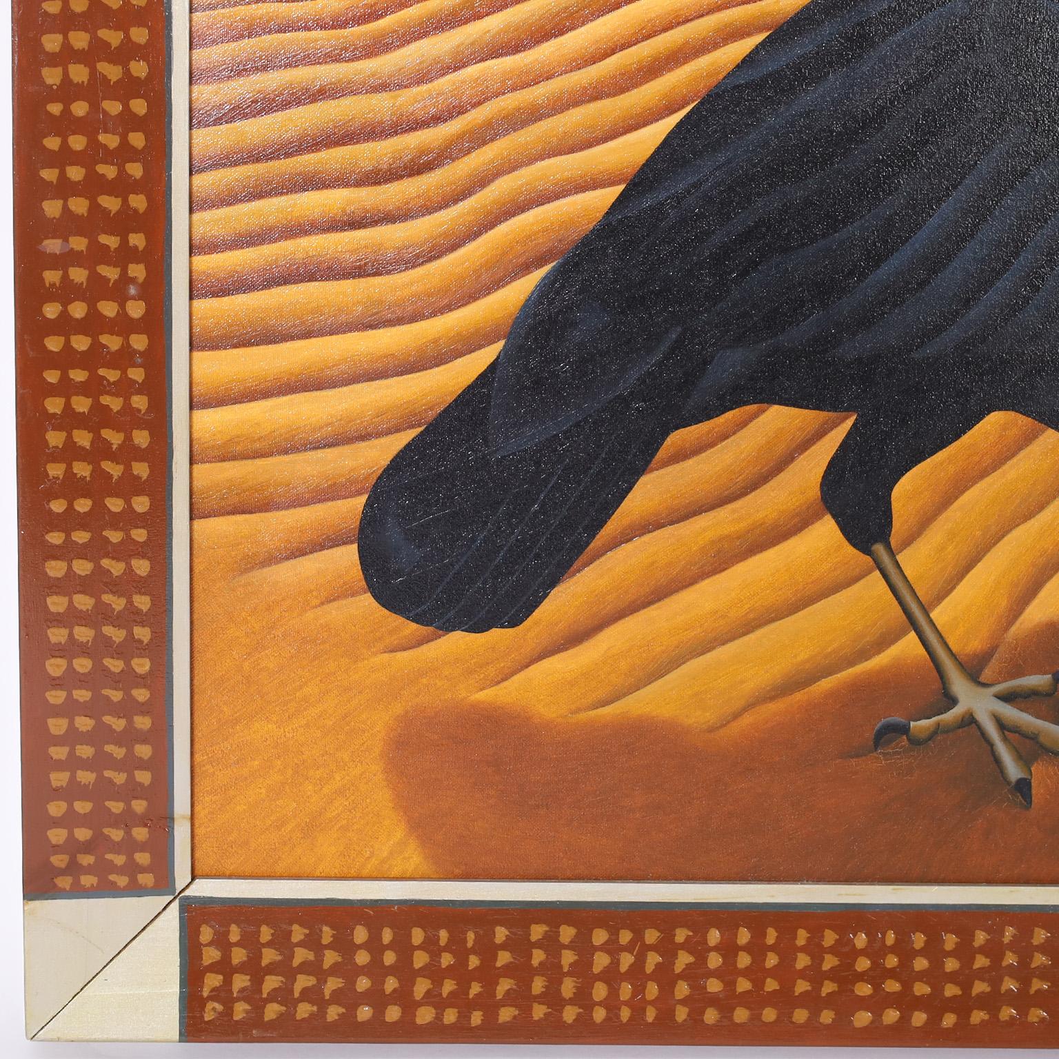 Peinture acrylique saisissante sur toile d'un corbeau avec une expression familière et perplexe dans un paysage coloré de baron. Présenté dans un cadre en bois décoré de peinture et signé au dos Taylor 1990.