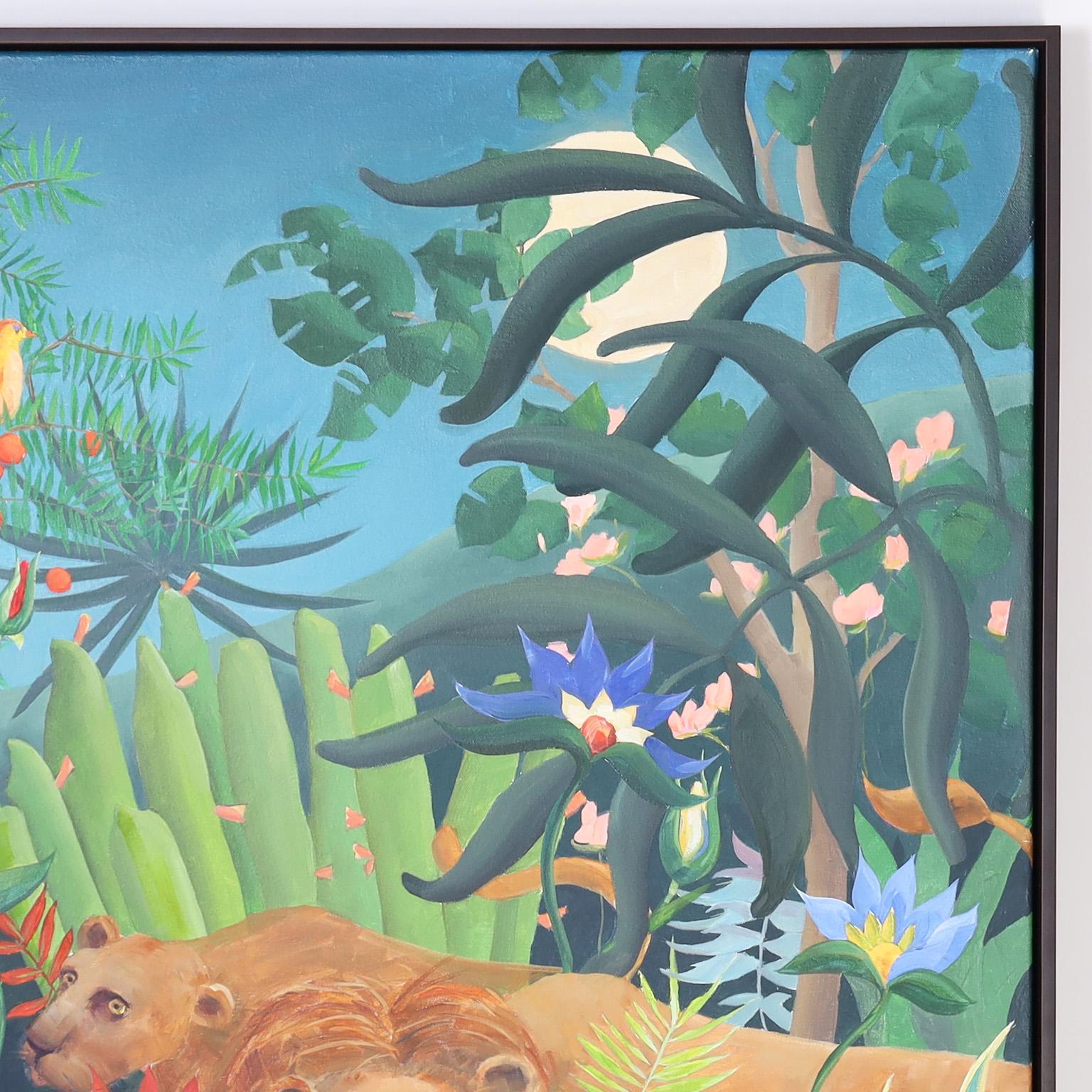 Peinture sur toile d'un Jungle avec des chats, des singes et une femme - Autres styles artistiques Painting par Unknown