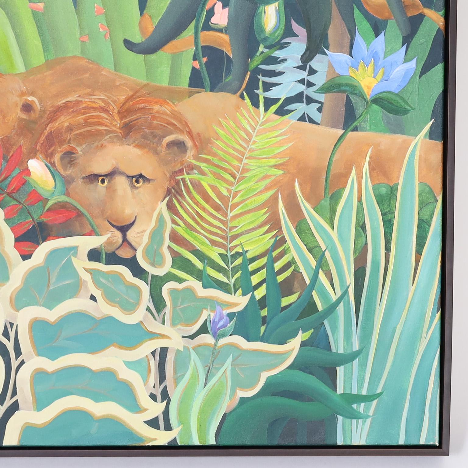 Peinture sur toile d'un Jungle avec des chats, des singes et une femme - Gris Figurative Painting par Unknown