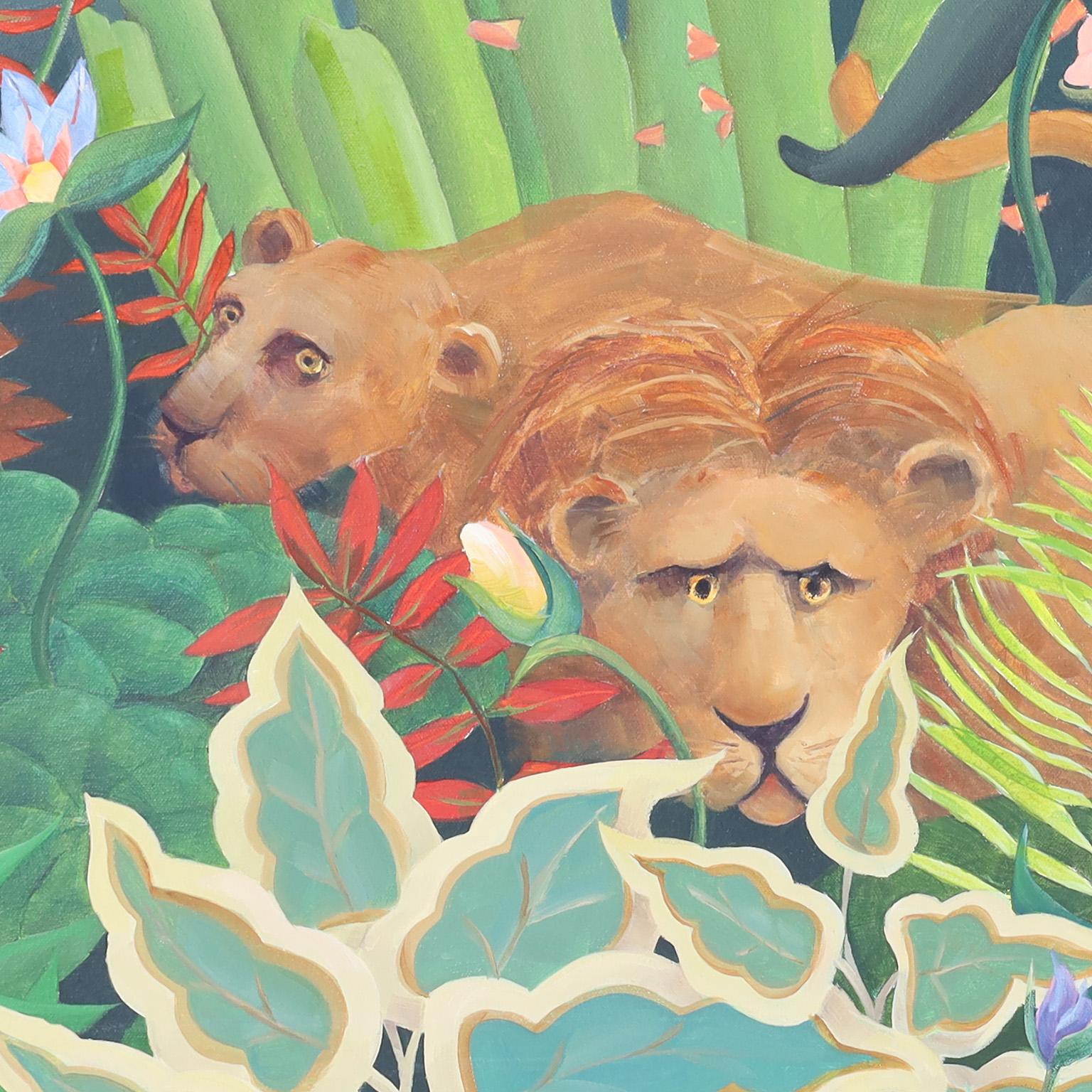 Peinture acrylique fantaisiste sur toile qui reprend le style naïf et coloré du peintre français Henri ROUSSEAU en y ajoutant une femme se prélassant sur un canapé au milieu d'une jungle. Signé M-One A&M 1990.