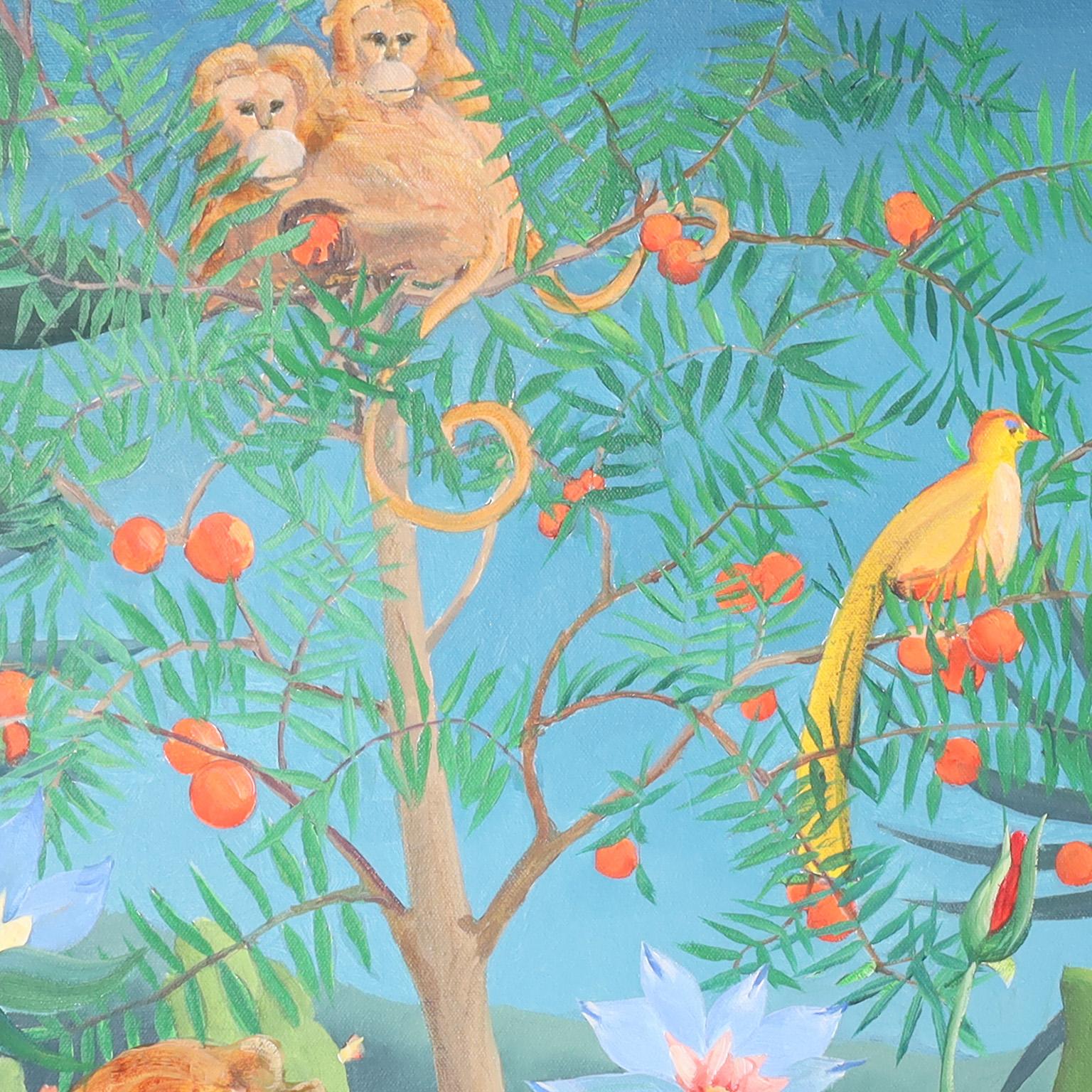 Whimsical acrylic painting on canvas that takes the colorful naive style of French painter Henri Rousseau to the next level with an addition of a woman lounging on a sofa in the middle of a jungle. Signed M R Marlatt 1990.