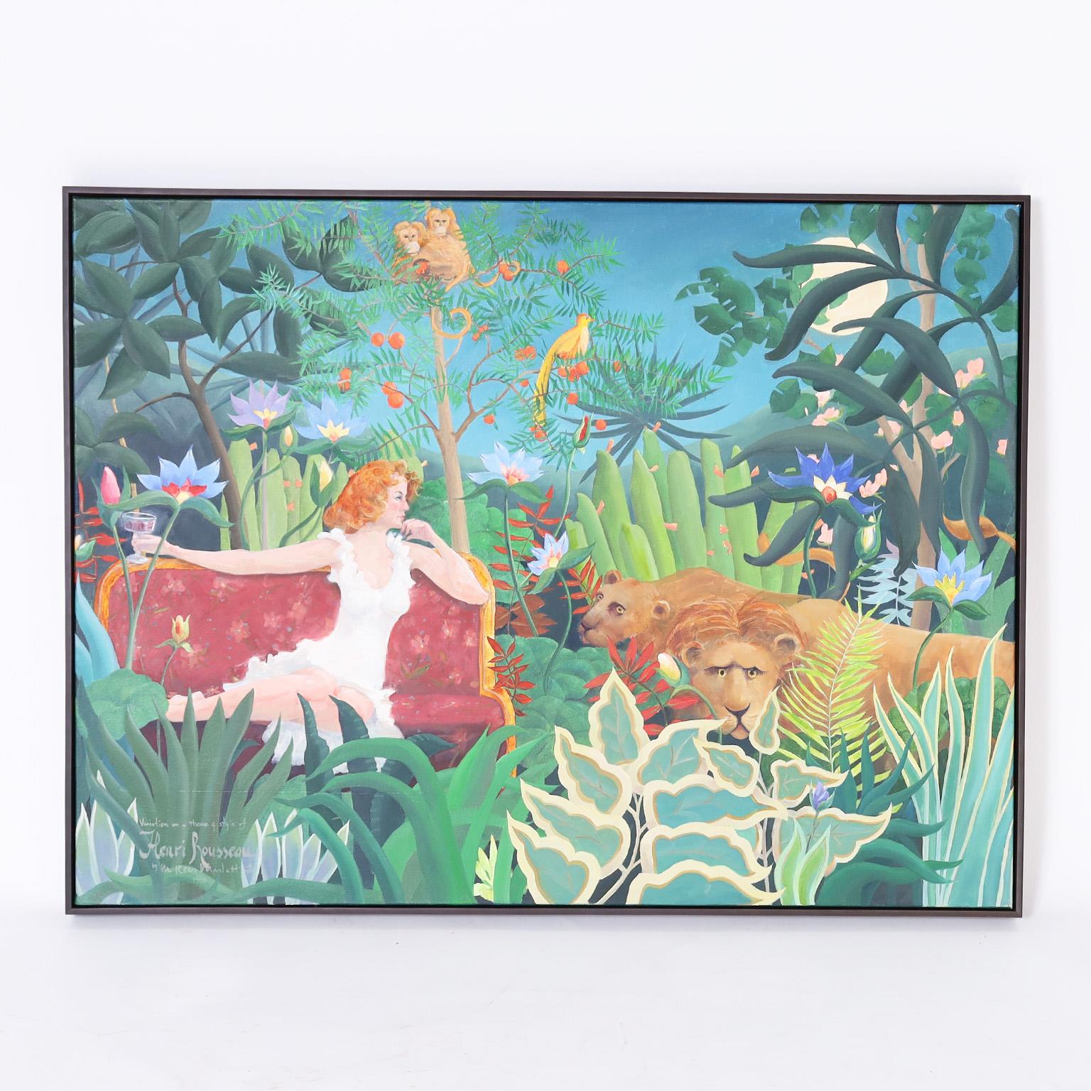 Figurative Painting Unknown - Peinture sur toile d'un Jungle avec des chats, des singes et une femme
