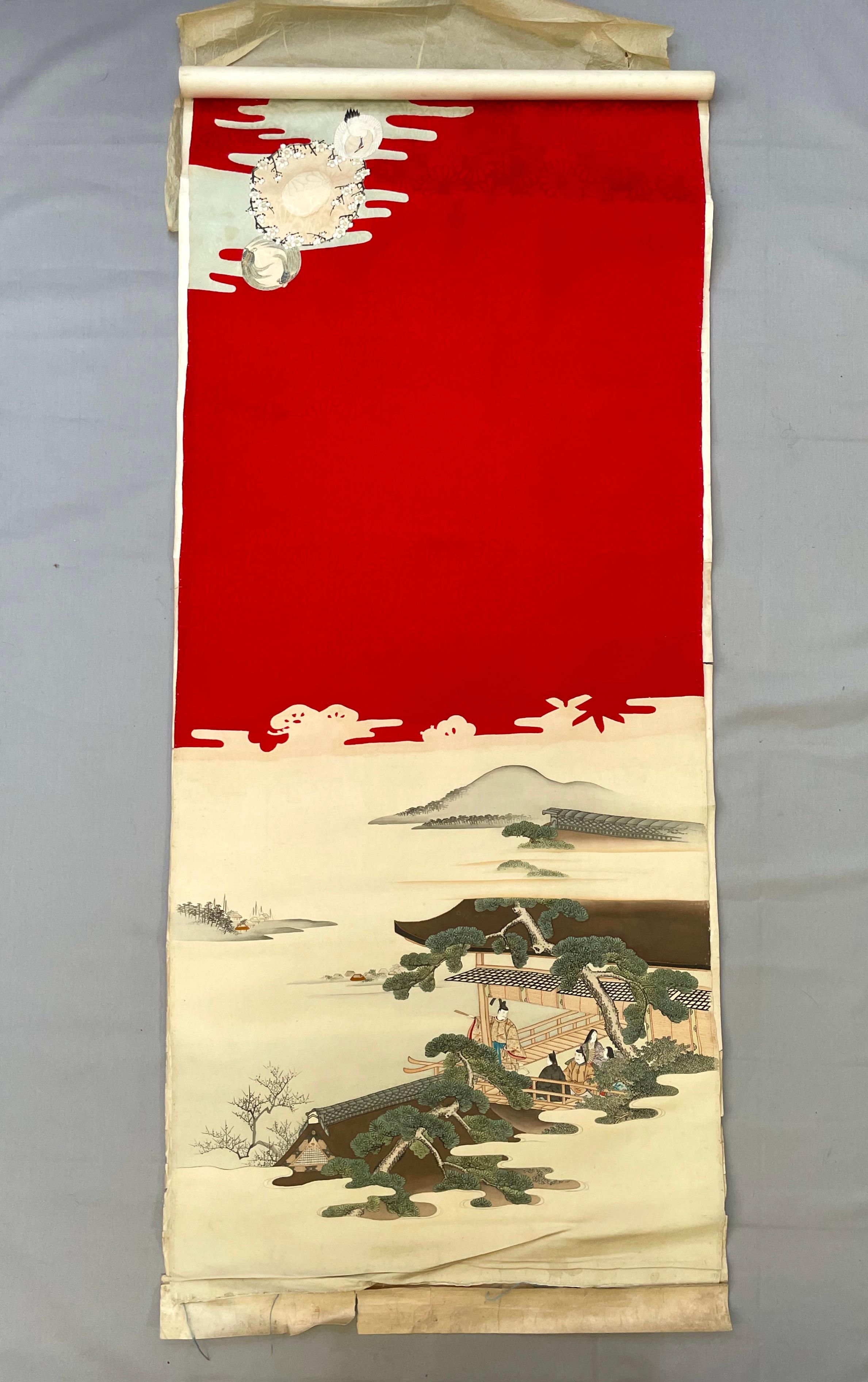Gemälde auf Seide, mit Stickerei verschönert, Japan – Painting von Unknown