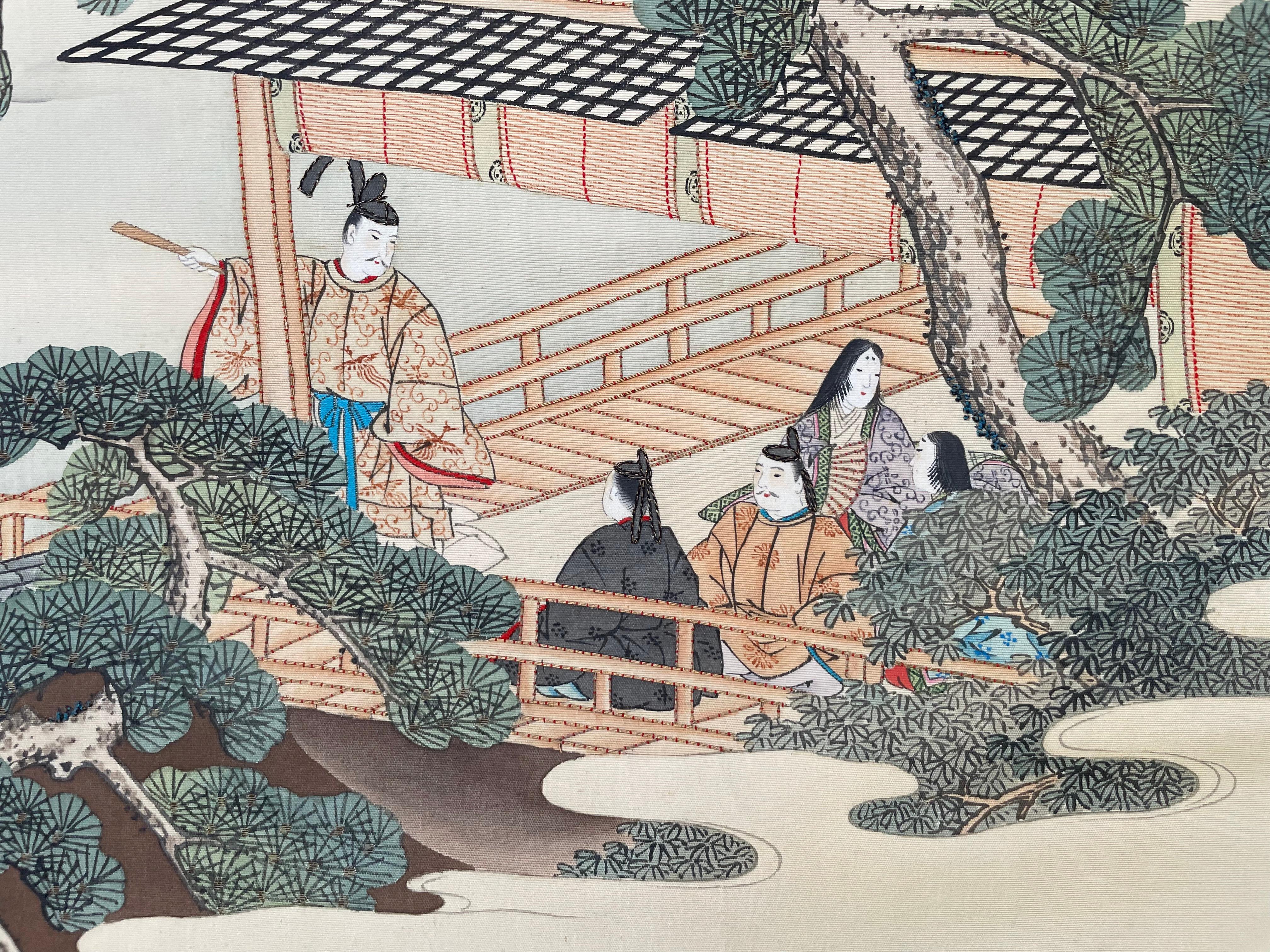 Gemälde auf Seide, mit Stickerei verschönert, Japan (Braun), Landscape Painting, von Unknown