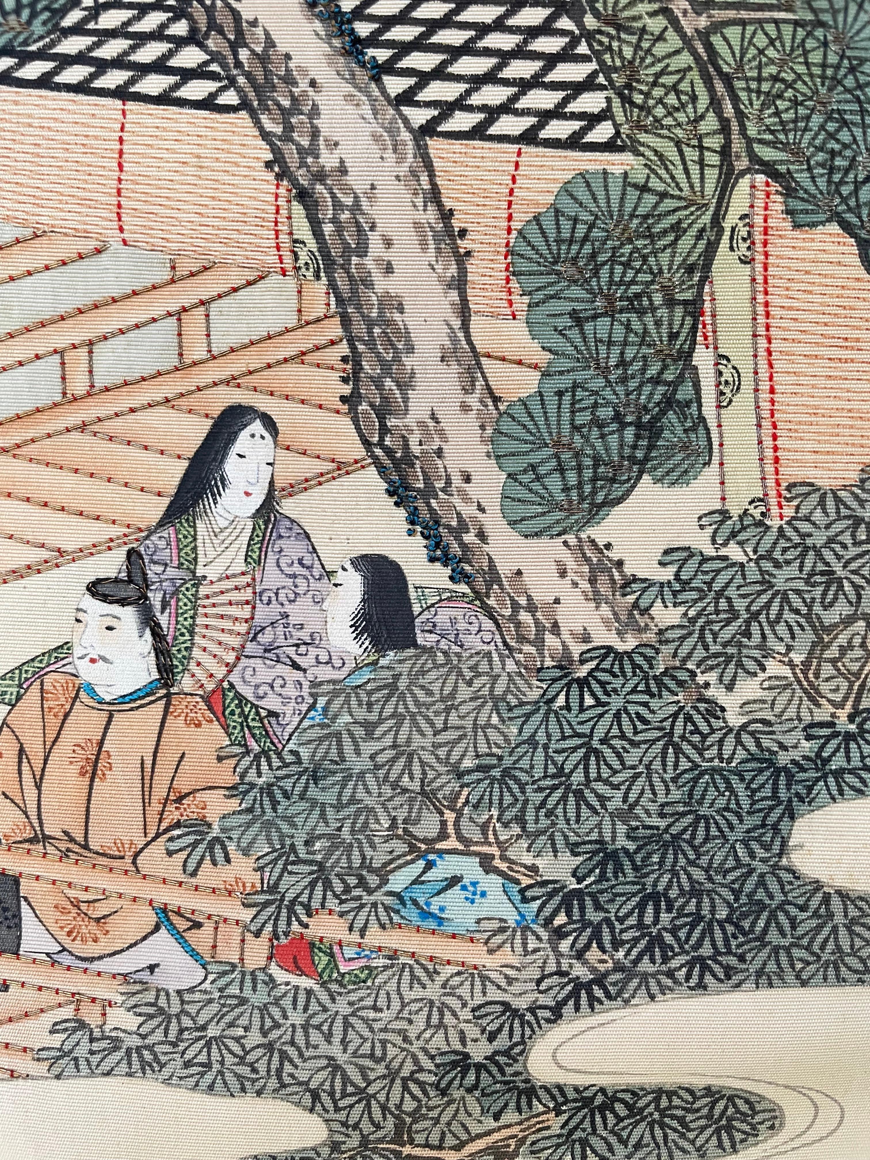 Malerei auf Seide mit Stickerei, Japan, 20. Jahrhundert. 
Sehr leichte Flecken an der Unterseite, guter Allgemeinzustand. 
158 x 69 cm.
