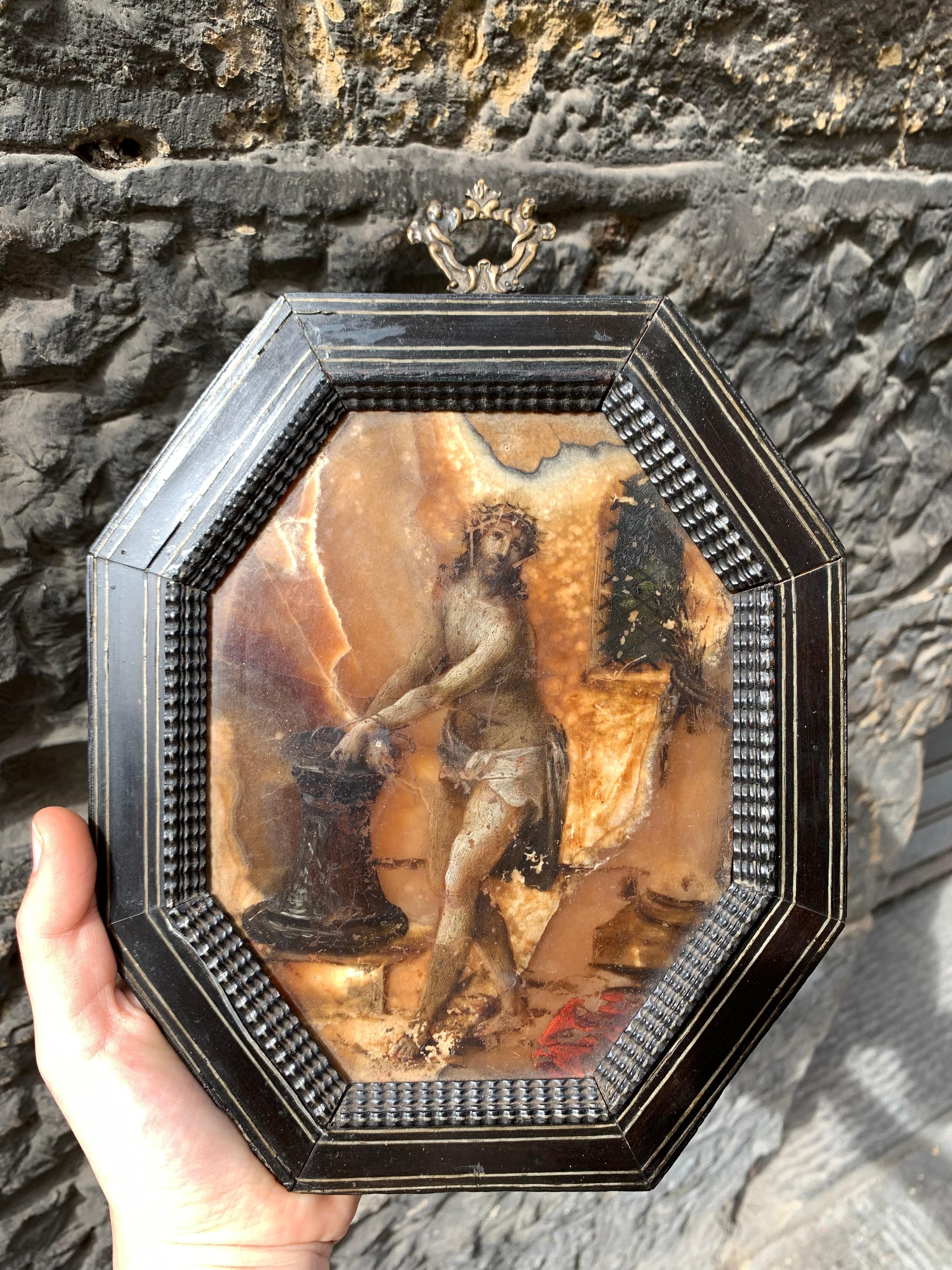 Pintura sobre piedra (alabastro), siglo XVII: Cristo en la Columna, Italia. 6