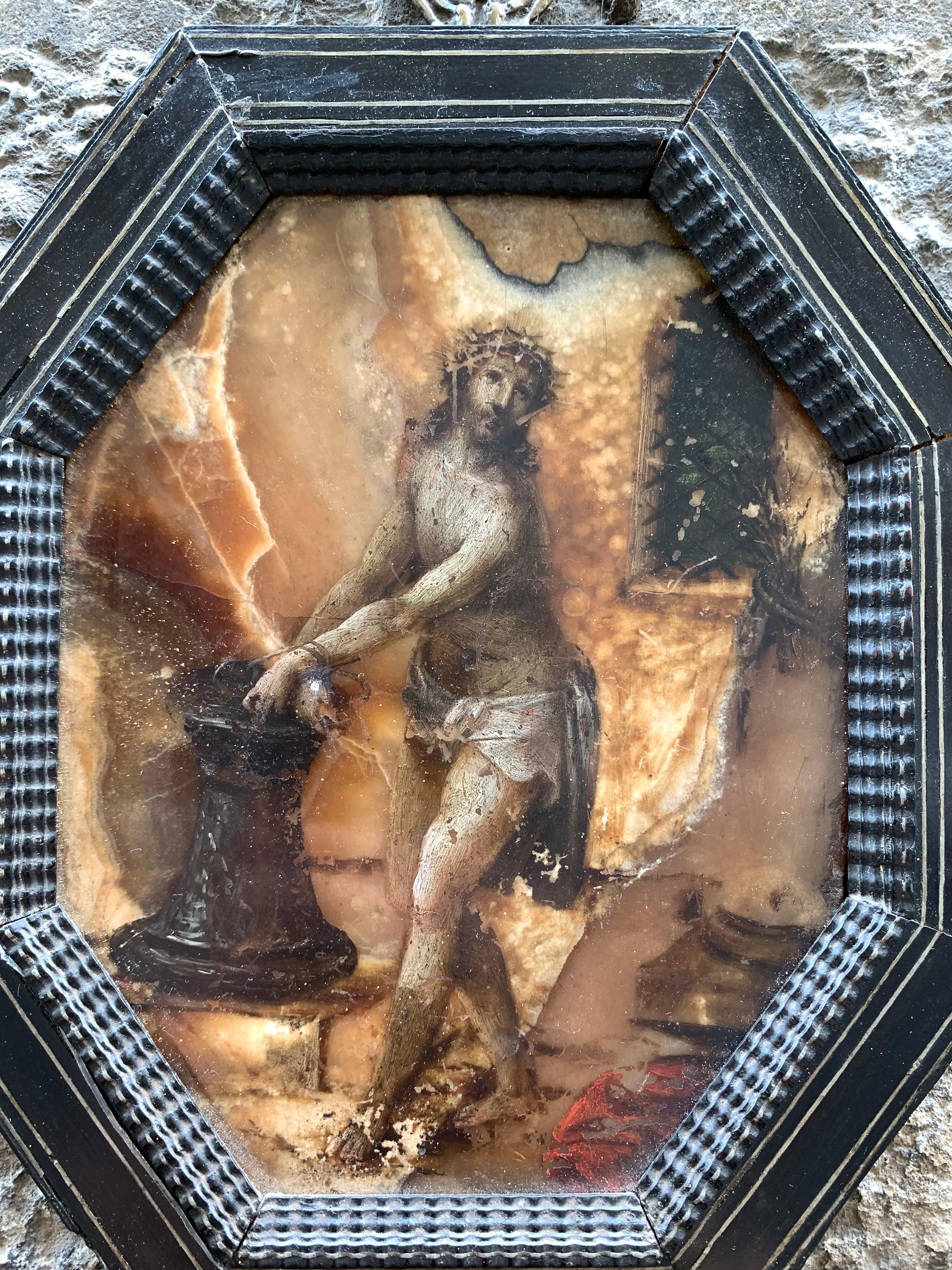 Pintura sobre piedra (alabastro), siglo XVII: Cristo en la Columna, Italia. 1