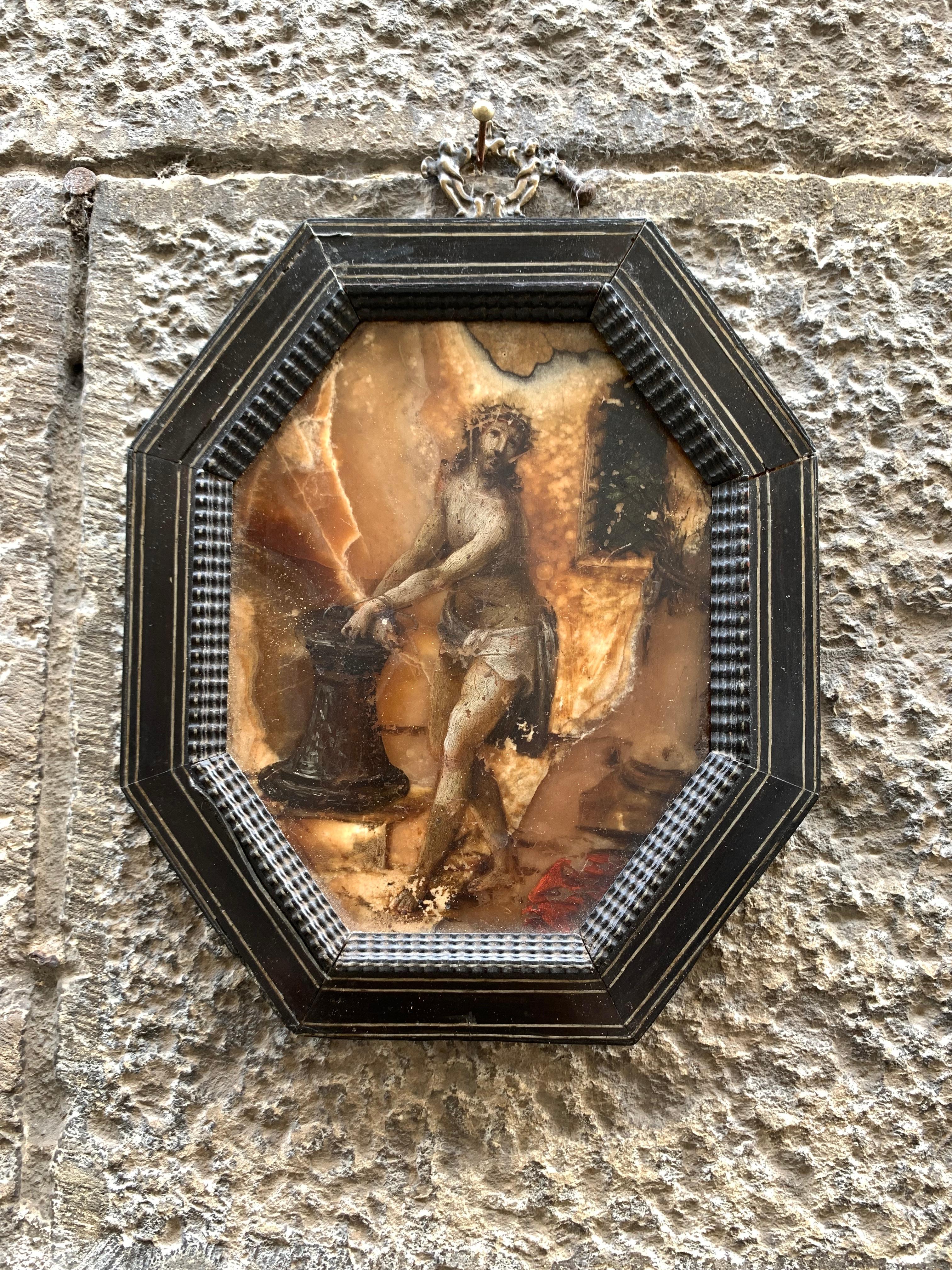 Pintura sobre piedra (alabastro), siglo XVII: Cristo en la Columna, Italia. 2