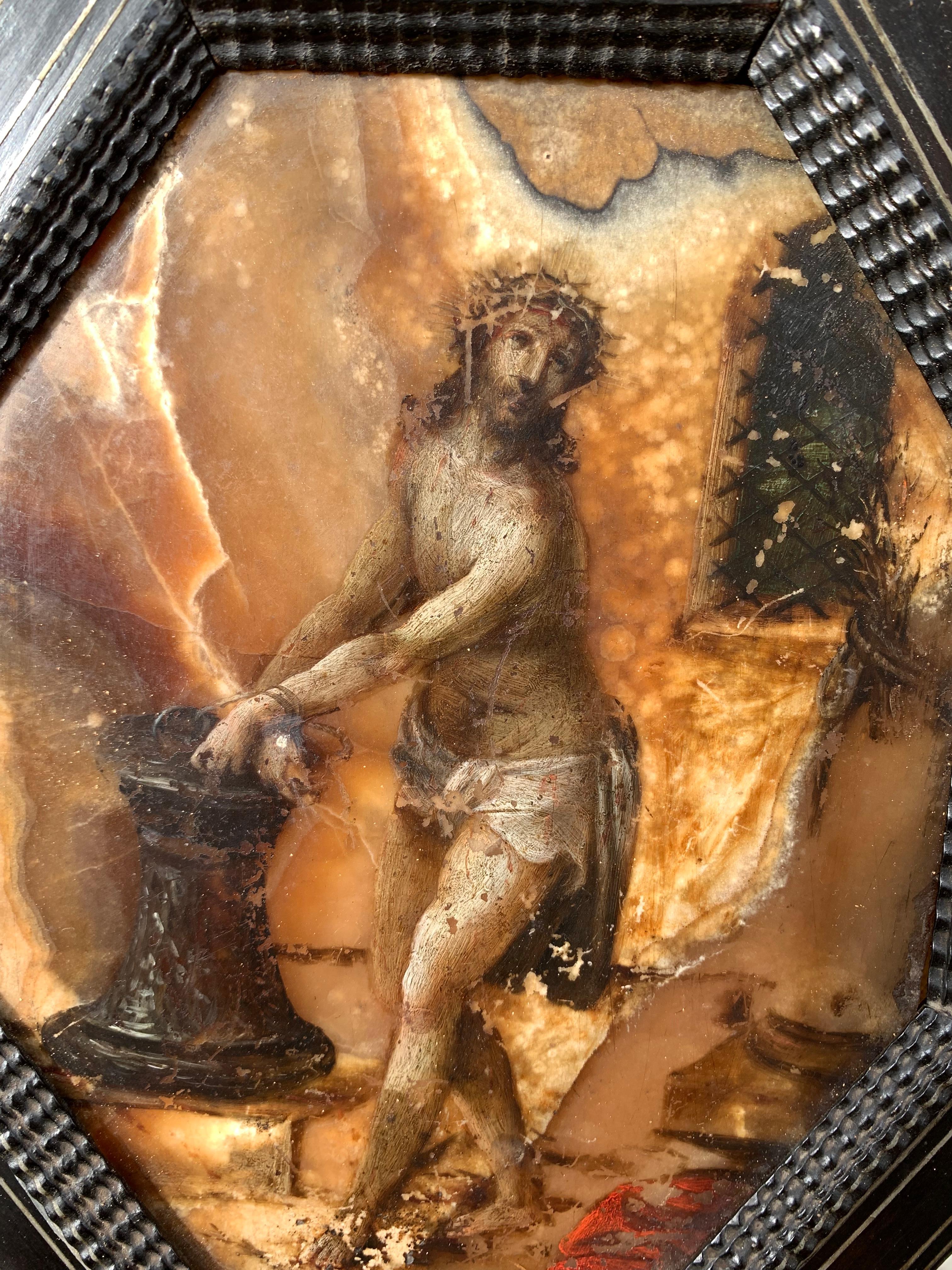 Pintura sobre piedra (alabastro), siglo XVII: Cristo en la Columna, Italia. 4