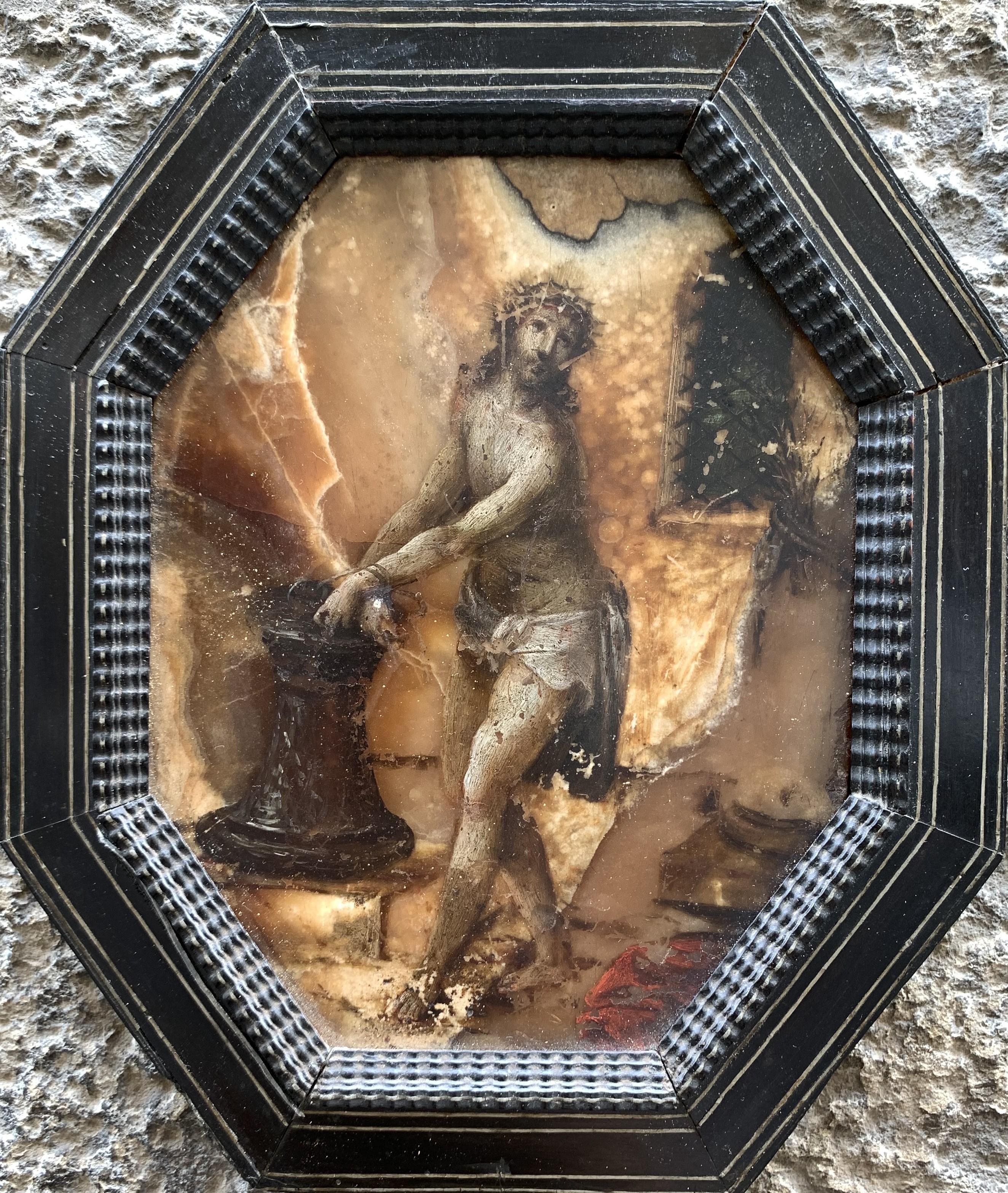 Figurative Painting de Unknown - Pintura sobre piedra (alabastro), siglo XVII: Cristo en la Columna, Italia.