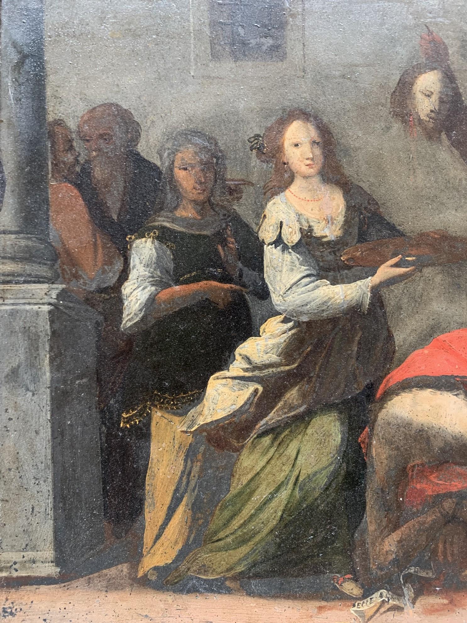 Painting on stone (slate), 17th century: Salome and the Beheading of Saint John - Figurative Painting Gray di Unknown