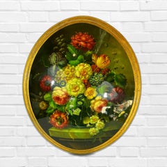 Painting On Wood Oval Painting On Convex Canvas Gilt wood Framed Flowers in Vase
