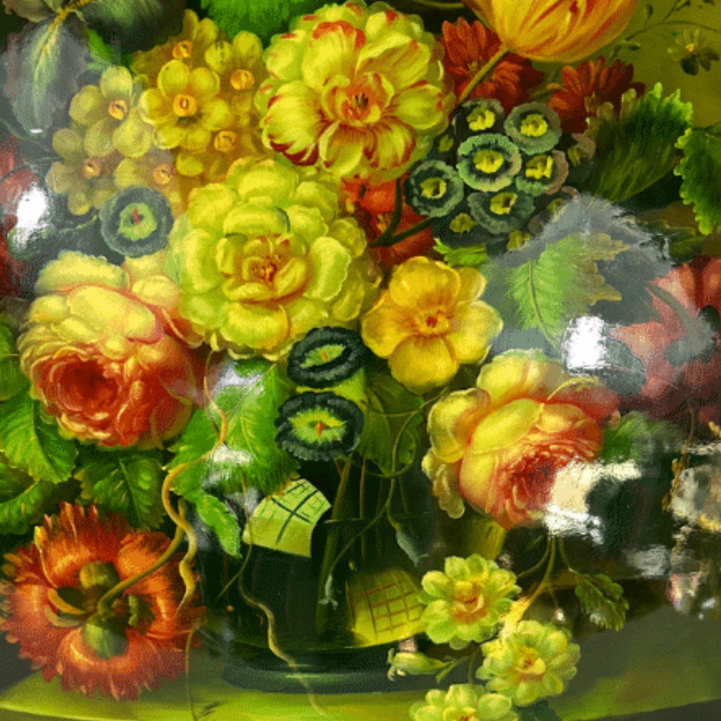 Peinture ovale sur toile convexe, cadre en bois doré, fleurs dans un vase en vente 3