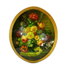 Pintura Sobre Madera Pintura Ovalada Sobre Lienzo Convexo Madera Dorada Enmarcada Flores en Jarrón