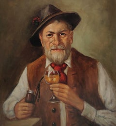Painting Signed C. Wood Portrait Man Pipe Wine