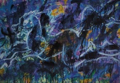 Painting Signed Fantasy Horse Abstract Black Blue Yellow Green Dated 98
