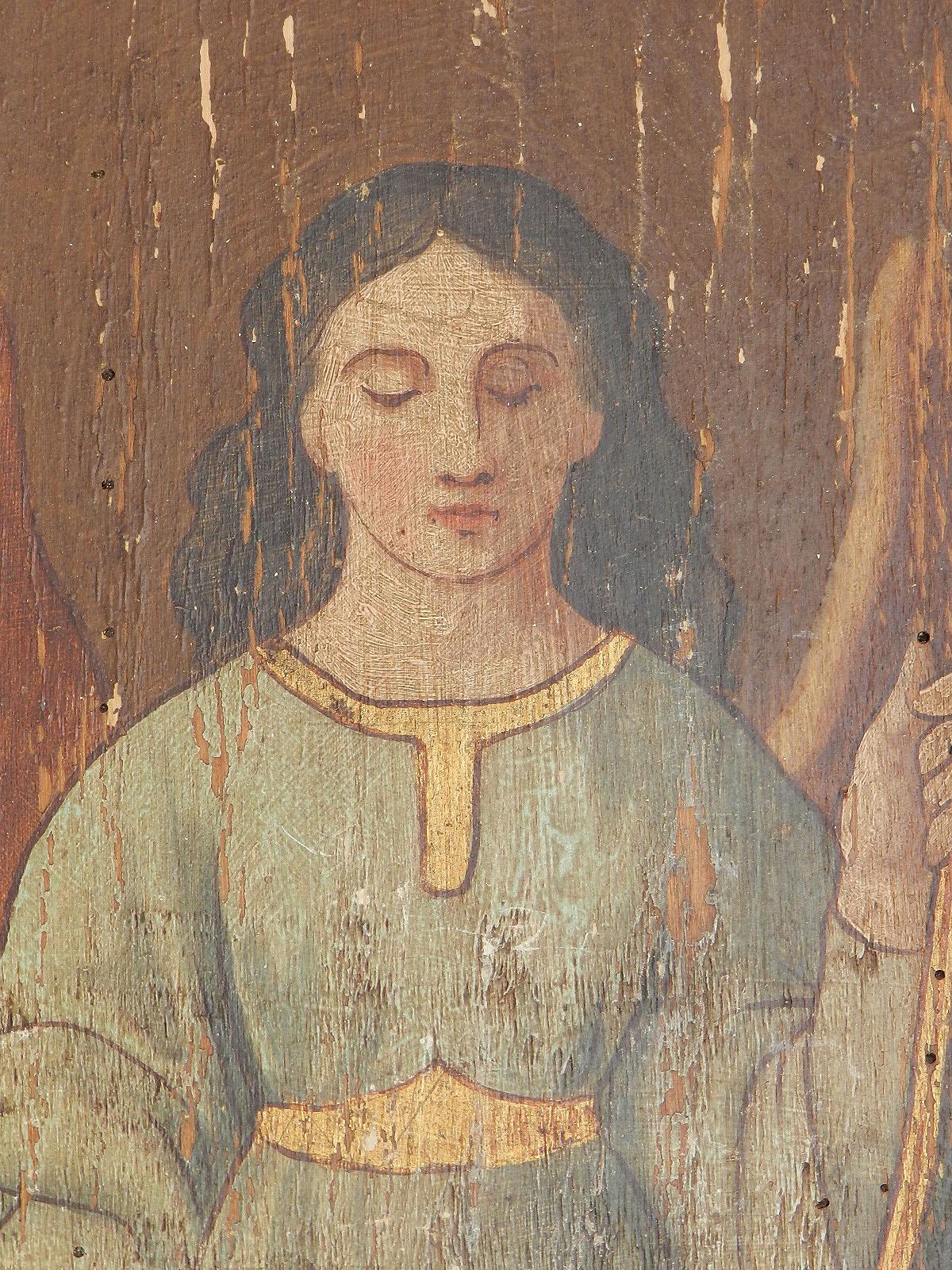 Paar Gemälde Engel auf Holztafeln:: 18. Jahrhundert:: naive französische Provinzialkirche:: 18. Jahrhundert (Braun), Figurative Painting, von Unknown