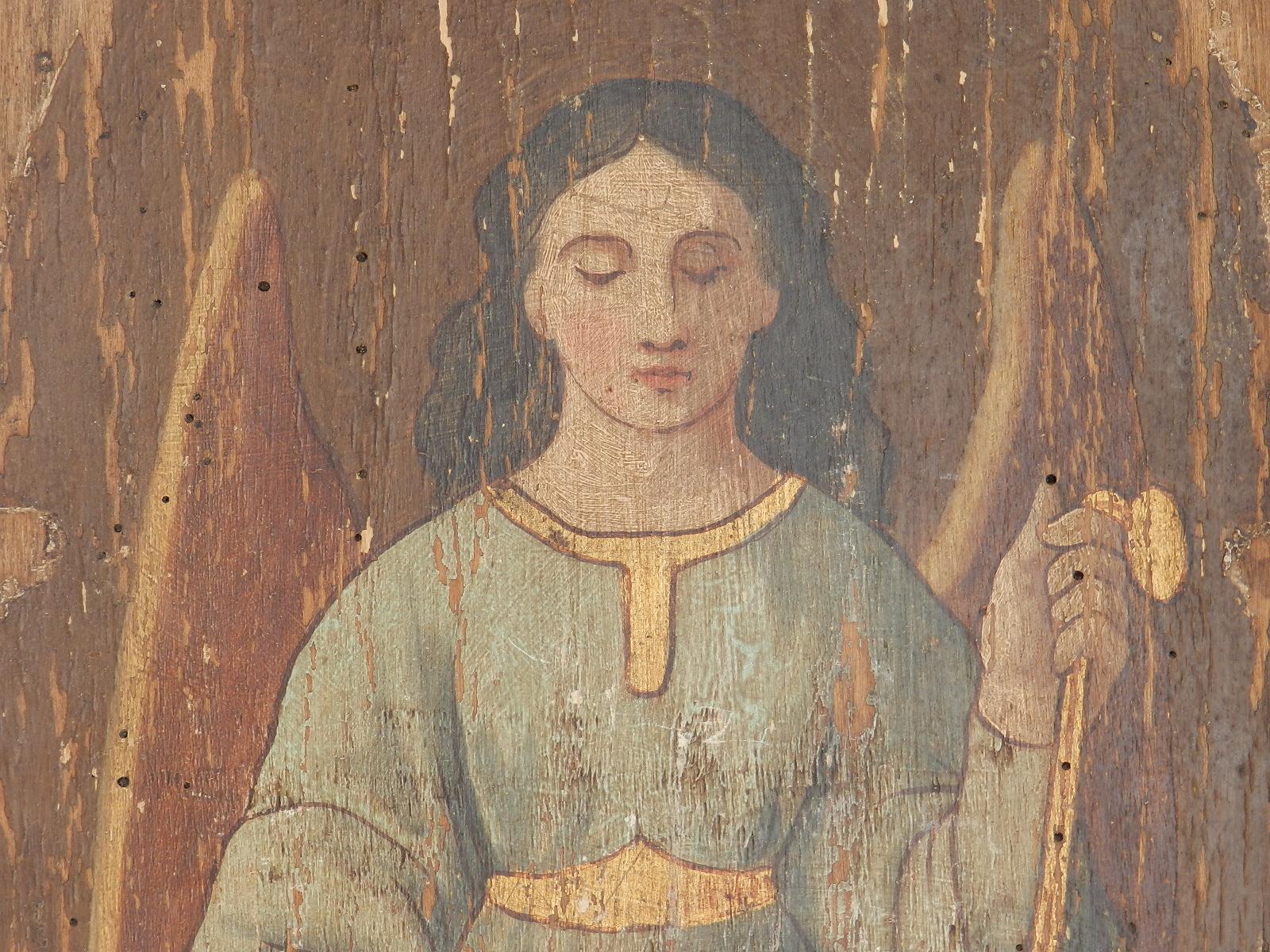 Two Antique Paintings Angels all Original Epoque on 18th Century Wood Panels Ecclesiastic
French provincial
Naive primitive and absolutely charming
Decorative and full of character
Pair of Panels probably originally from a piece of Church Furniture