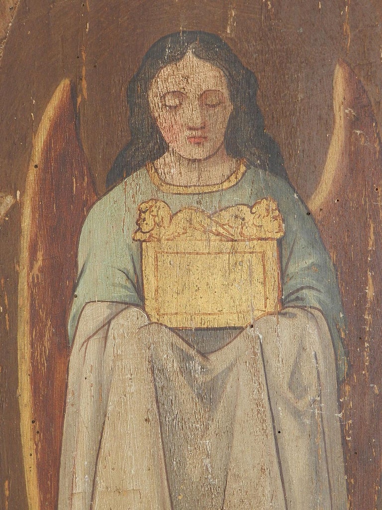 Unknown Pair 18th Century Paintings Angels on Wood Panels Naive French Provincial Church at