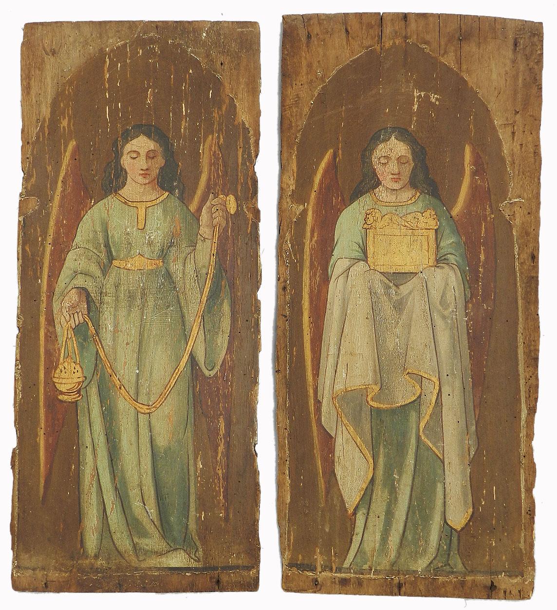 Unknown Figurative Painting - Pair 18th Century Paintings Angels on Wood Panels Naive French Provincial Church