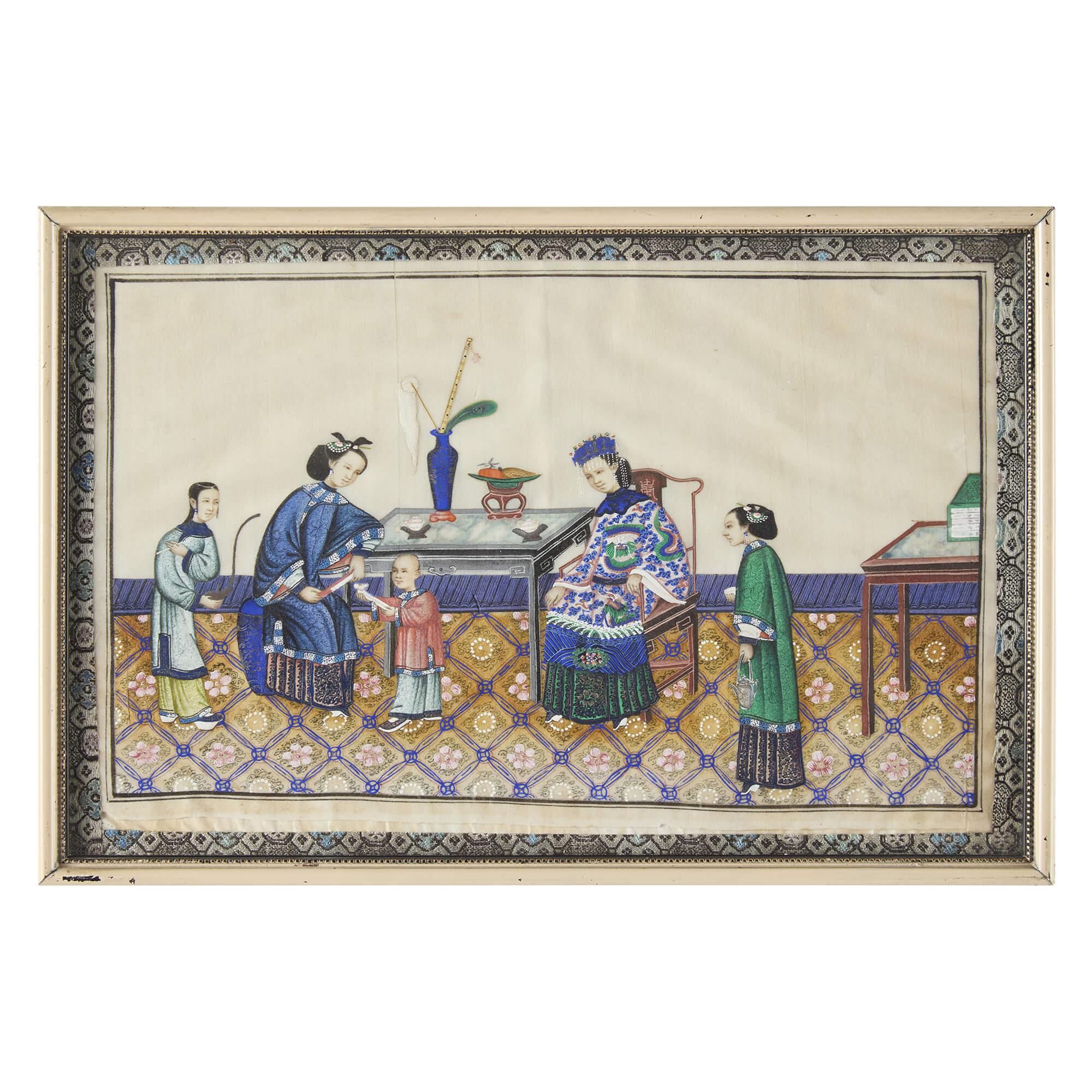 Pair Framed Chinese Watercolour Pith Rice Paper Paintings Dignitaries - Gray Figurative Painting by Unknown
